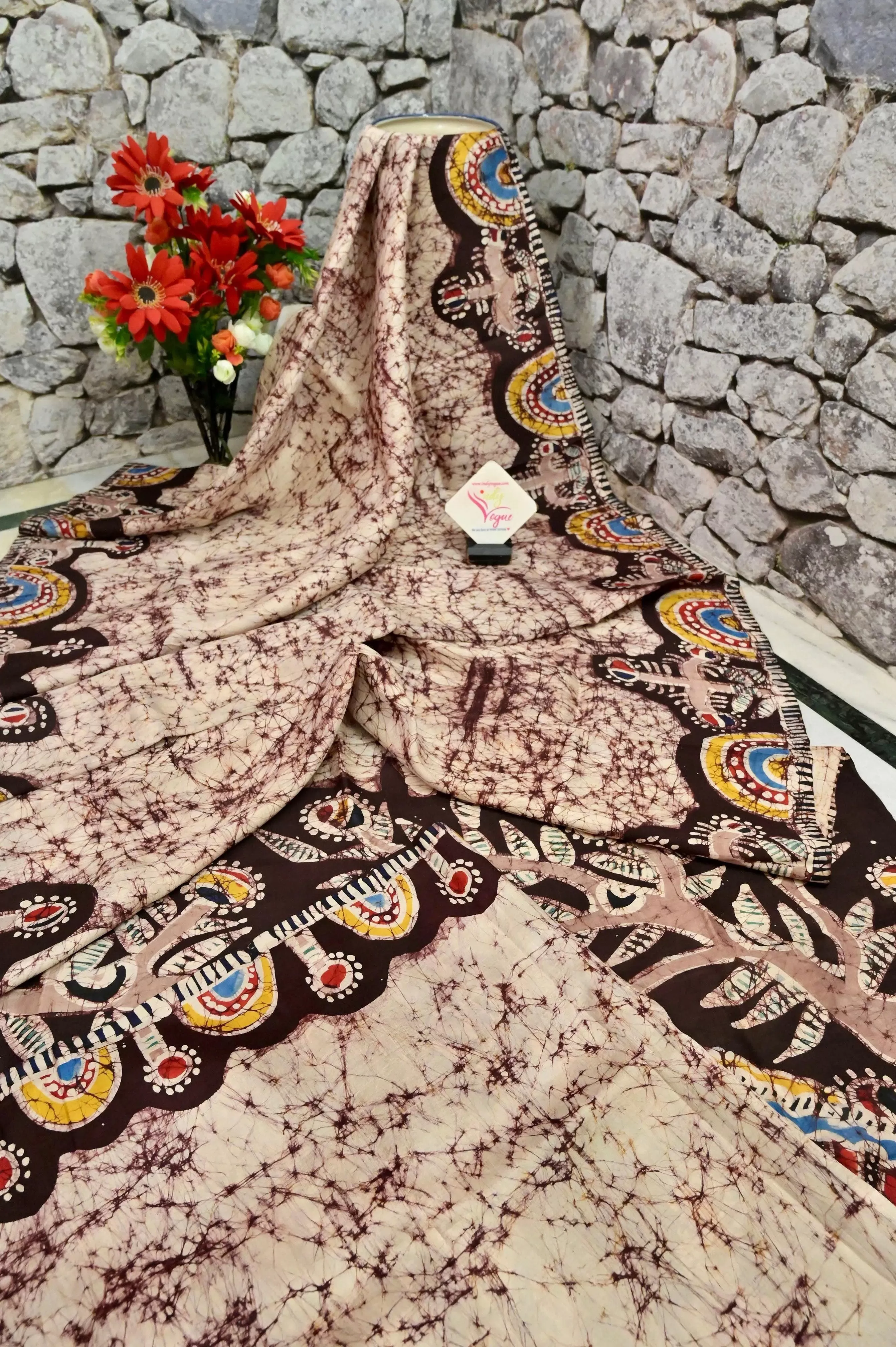 Offwhite and Brown Color Pure Bishnupur Katan Silk with Batik Madhubani Work