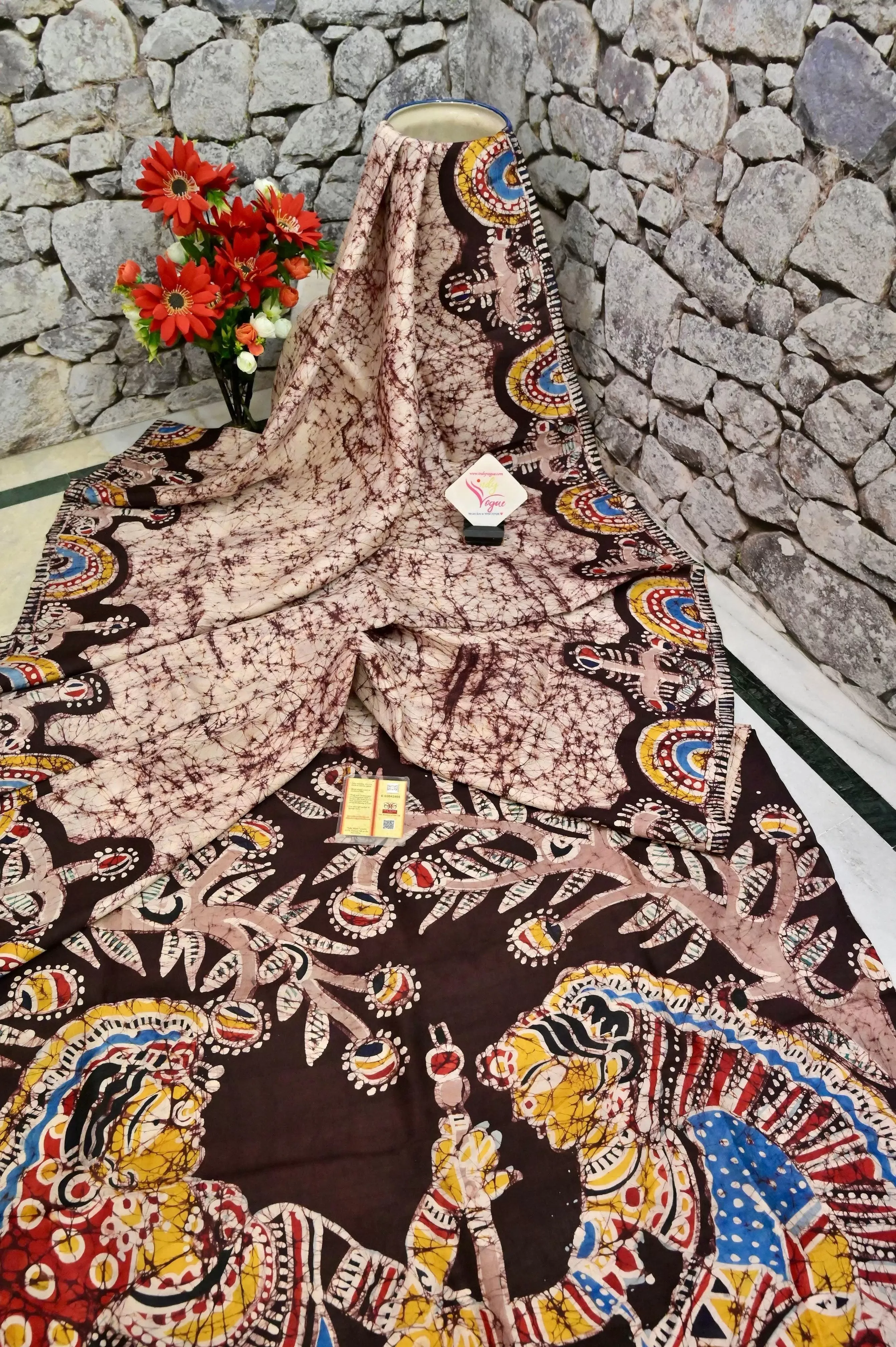 Offwhite and Brown Color Pure Bishnupur Katan Silk with Batik Madhubani Work