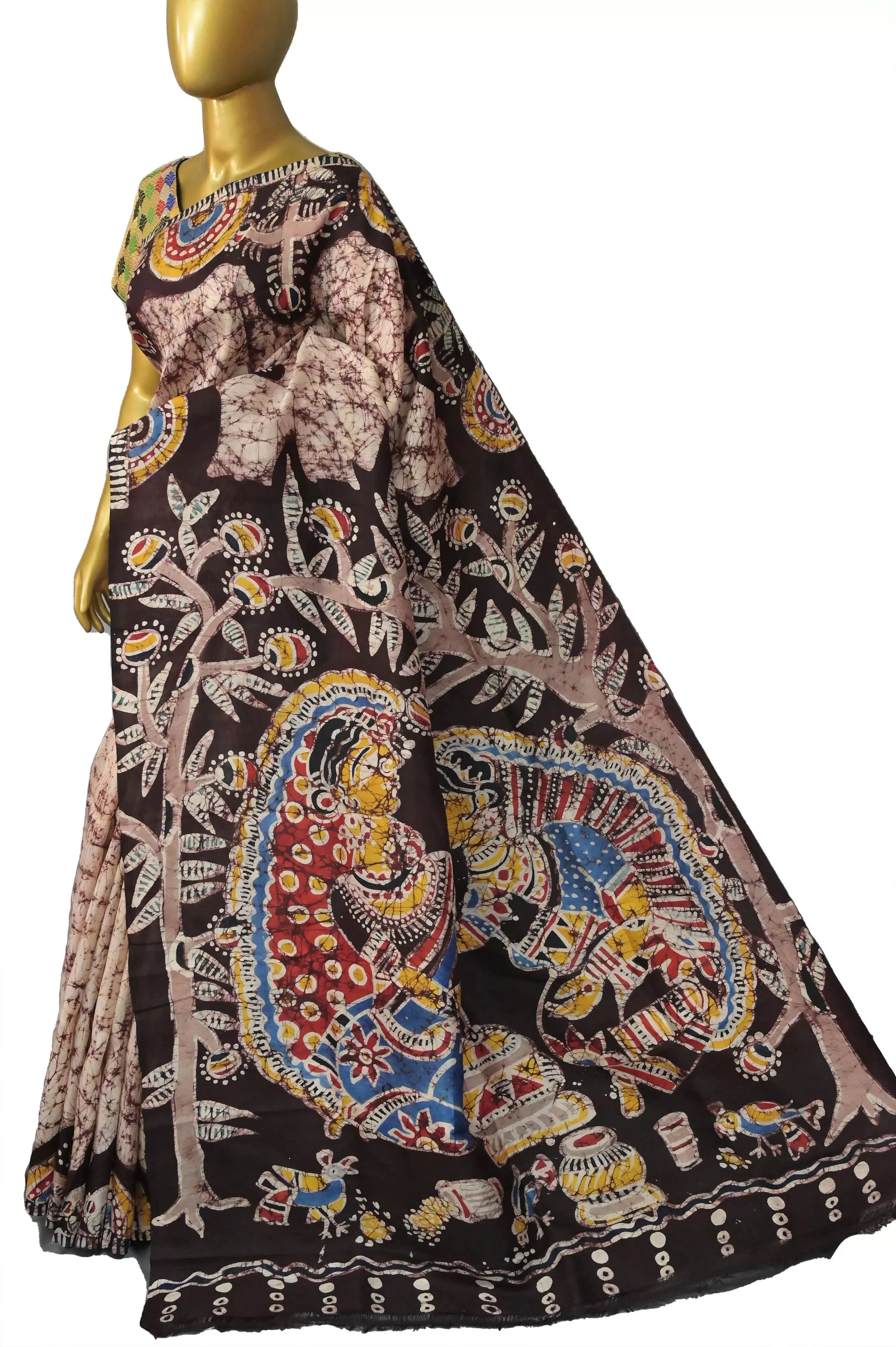 Offwhite and Brown Color Pure Bishnupur Katan Silk with Batik Madhubani Work