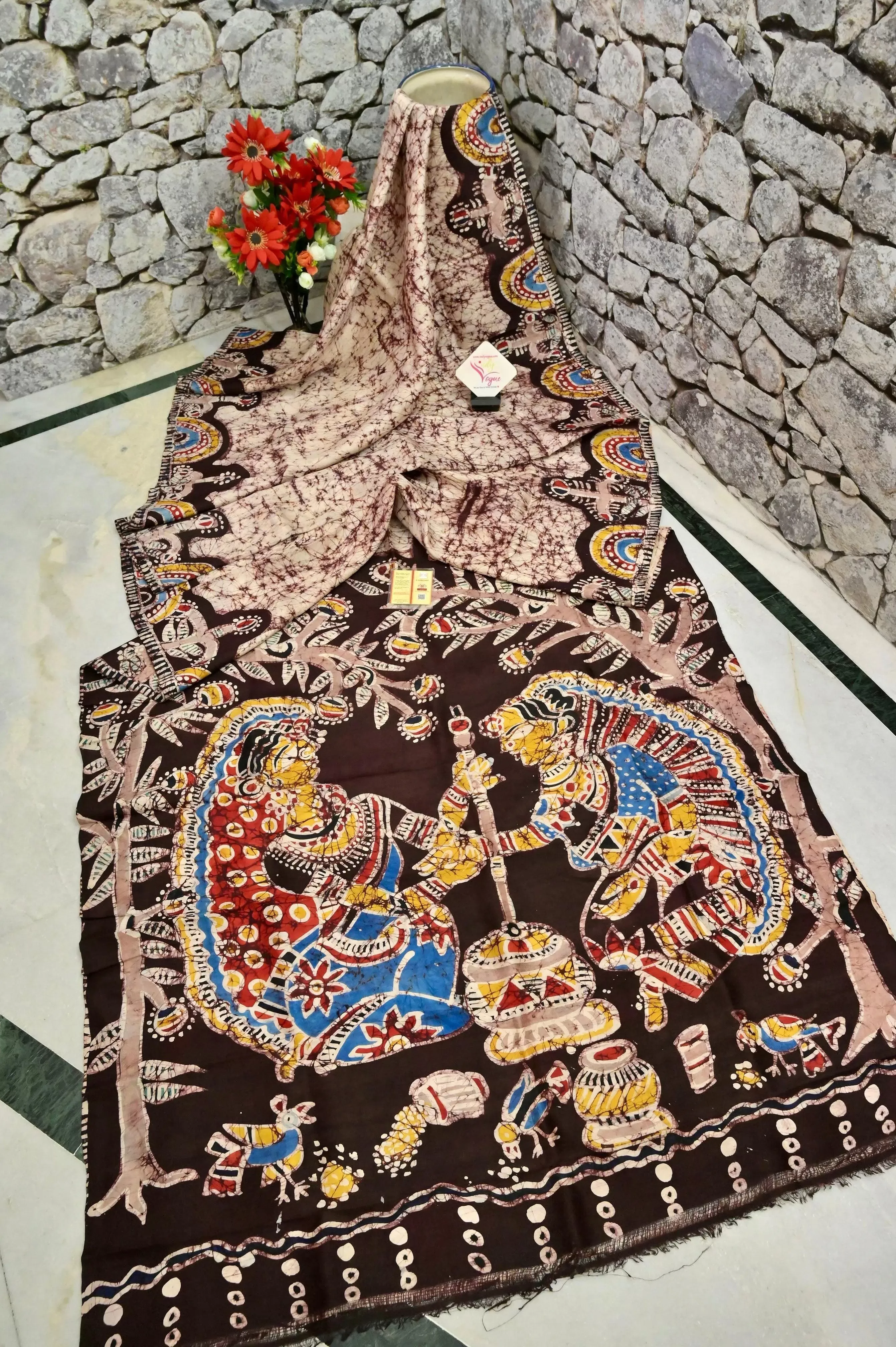 Offwhite and Brown Color Pure Bishnupur Katan Silk with Batik Madhubani Work