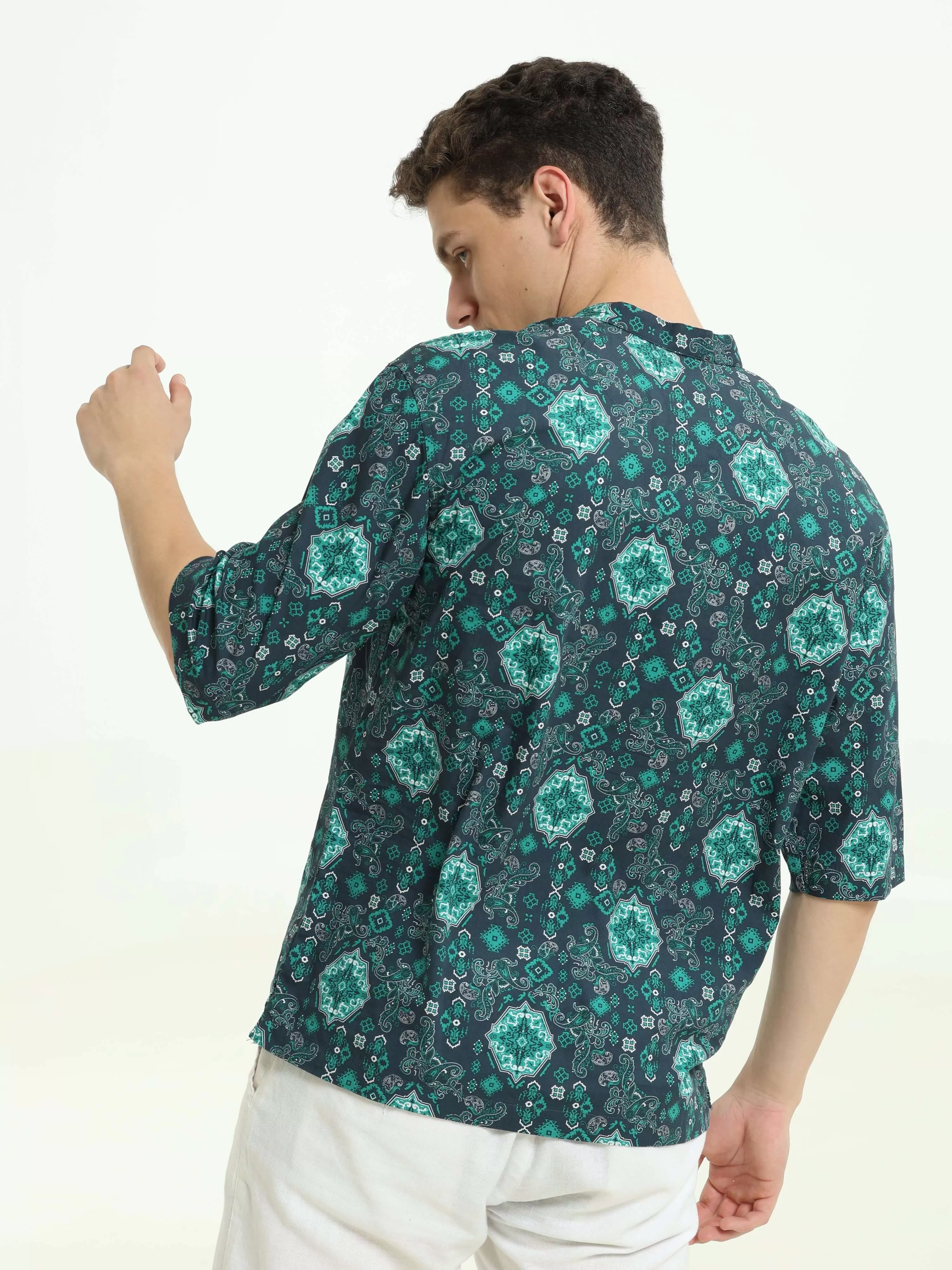 Oversized peacock blue colour printed kurta