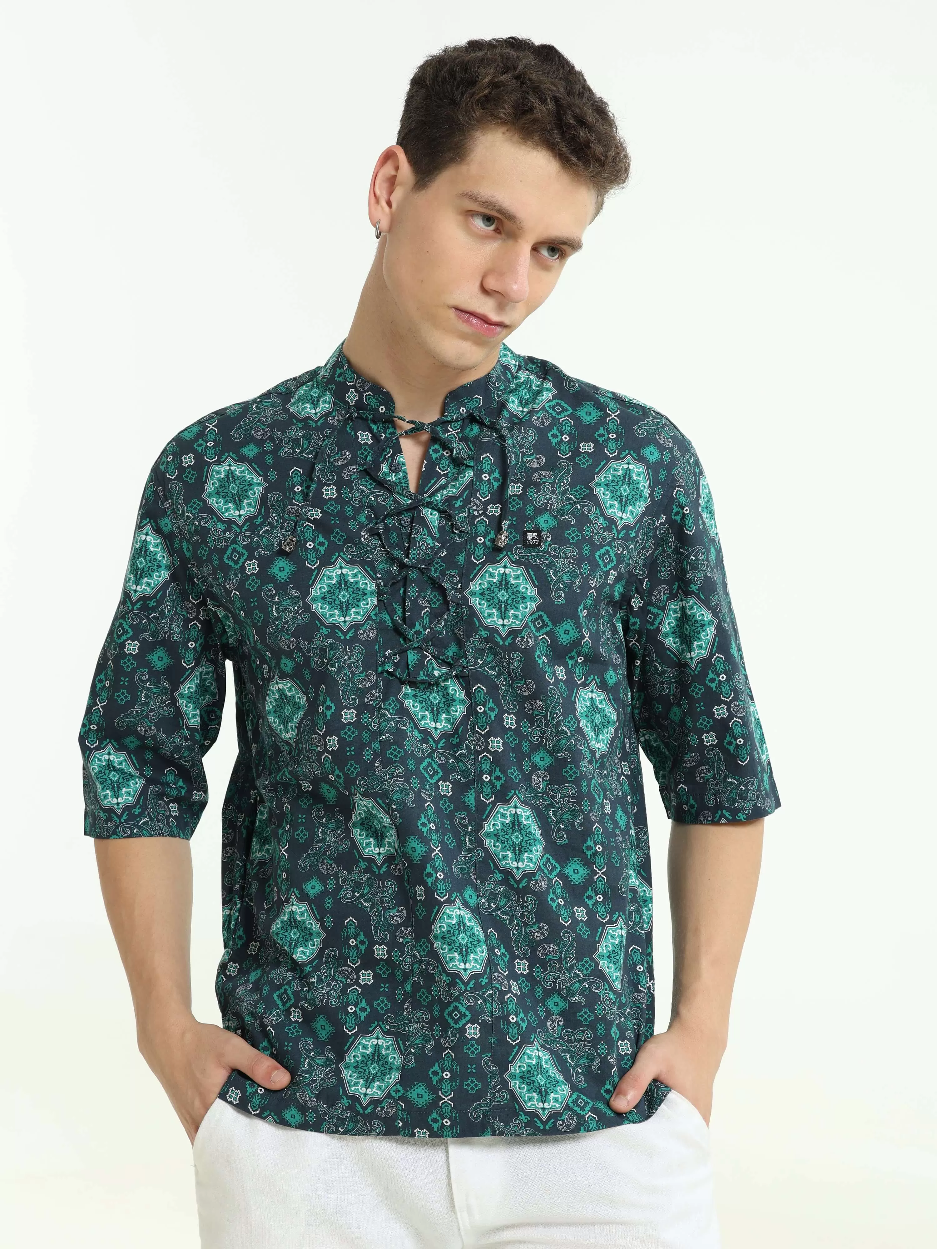 Oversized peacock blue colour printed kurta