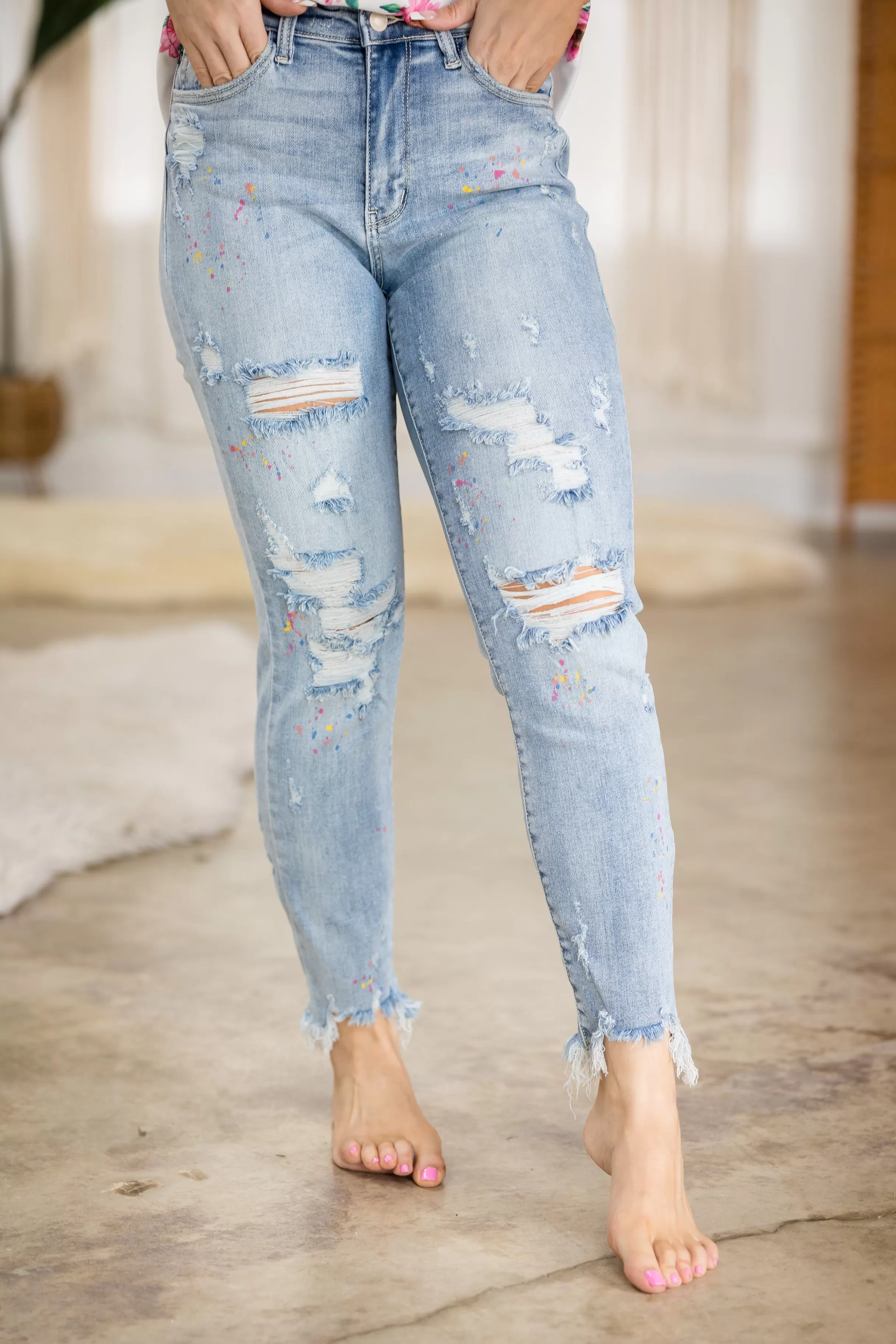 #P538 Party Paint Splatter Judy Blue Boyfriend Jeans