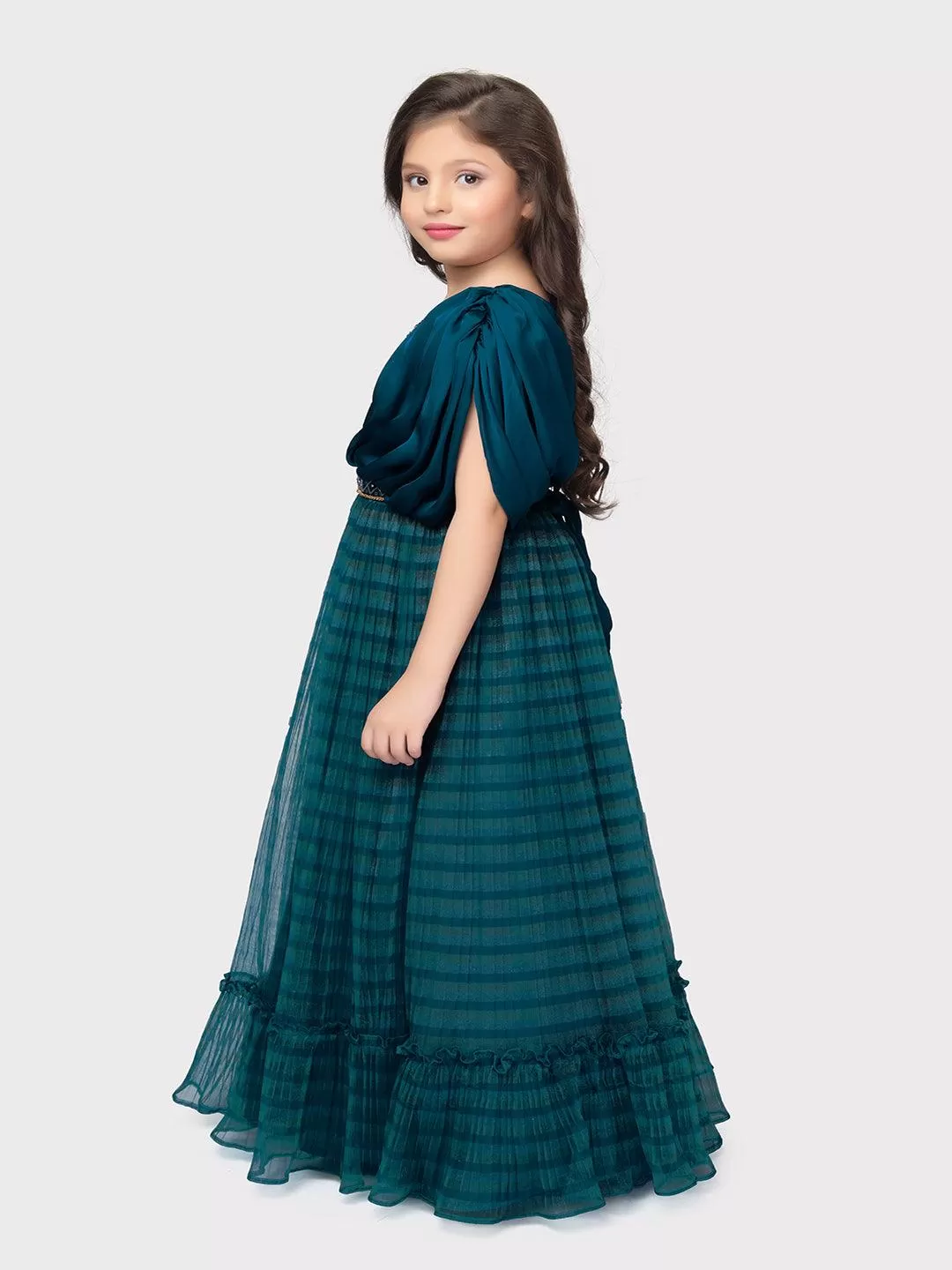 Peacock Blue Embellished Georgette Fabric for Party Occasions. Round Neck, Short Puff Sleeves, Trendy Butterfly Style Gown For Girls