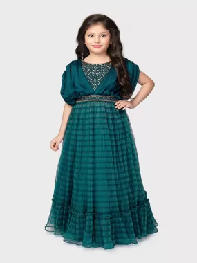 Peacock Blue Embellished Georgette Fabric for Party Occasions. Round Neck, Short Puff Sleeves, Trendy Butterfly Style Gown For Girls