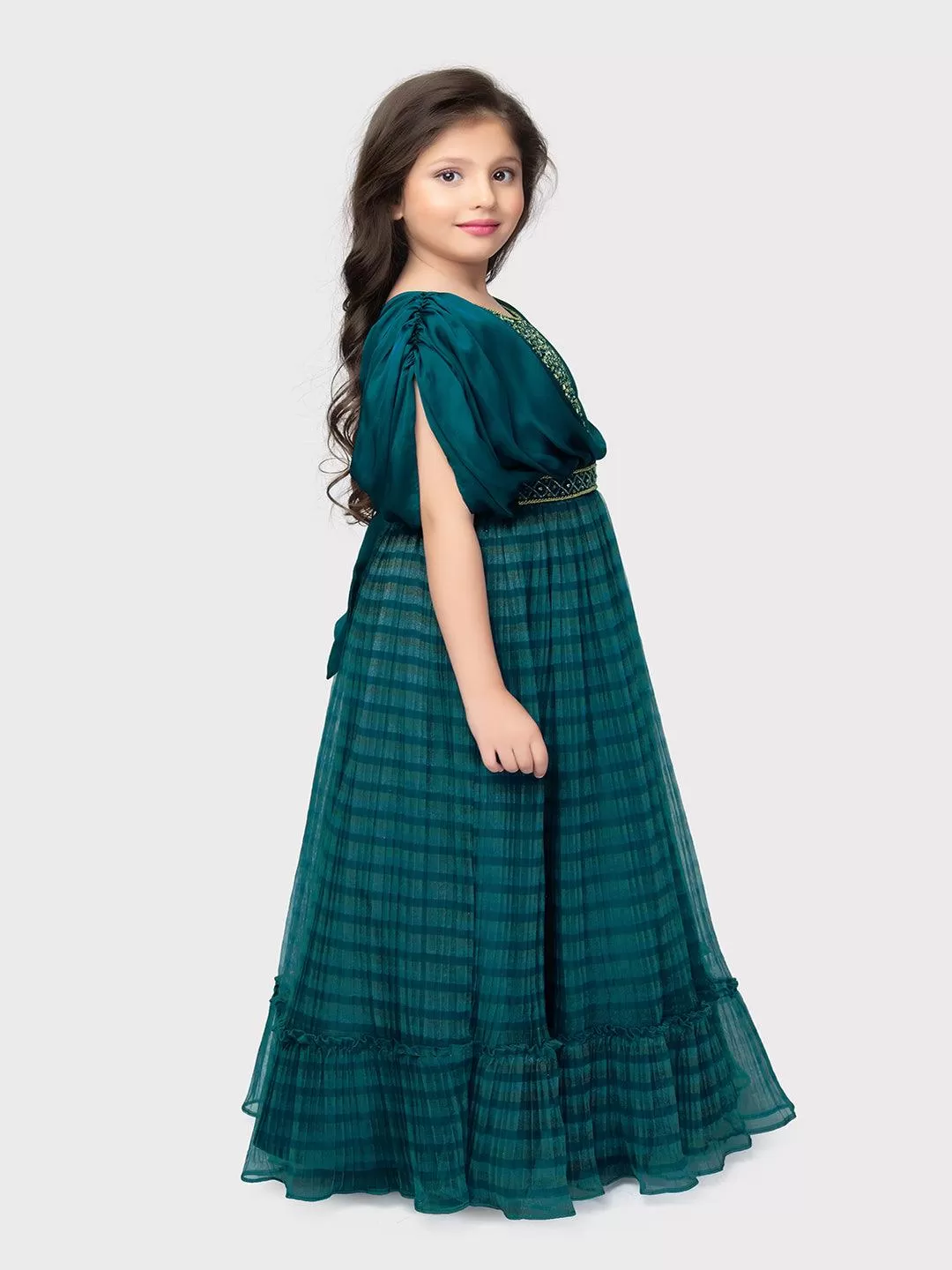 Peacock Blue Embellished Georgette Fabric for Party Occasions. Round Neck, Short Puff Sleeves, Trendy Butterfly Style Gown For Girls