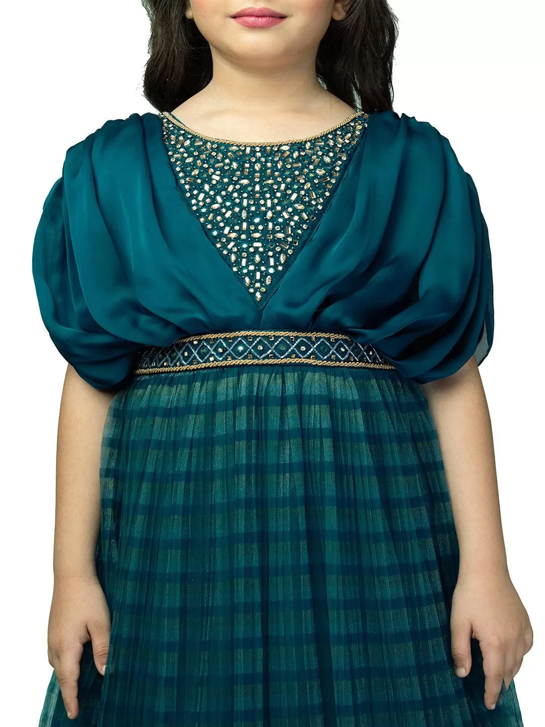 Peacock Blue Embellished Georgette Fabric for Party Occasions. Round Neck, Short Puff Sleeves, Trendy Butterfly Style Gown For Girls