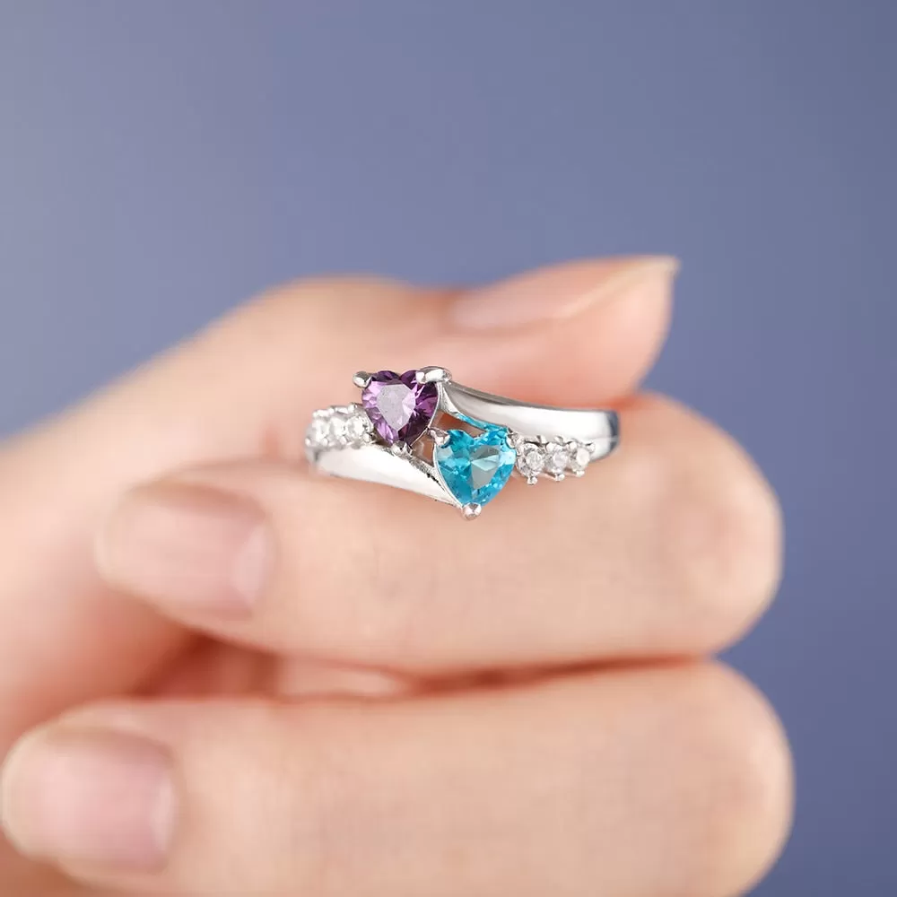 Personalized Ring With 2 Cordate Birthstone