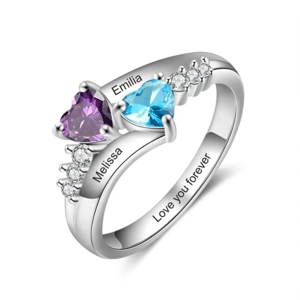 Personalized Ring With 2 Cordate Birthstone