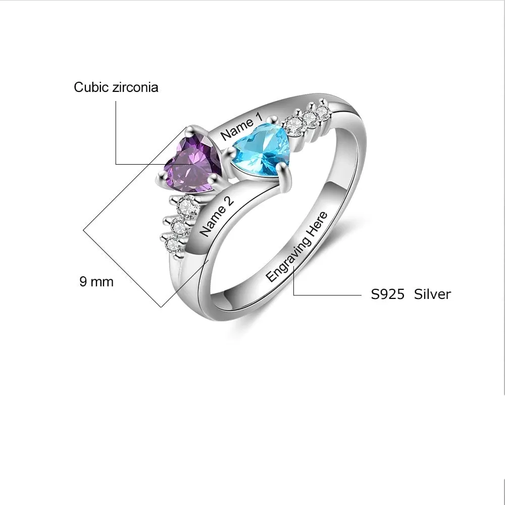 Personalized Ring With 2 Cordate Birthstone