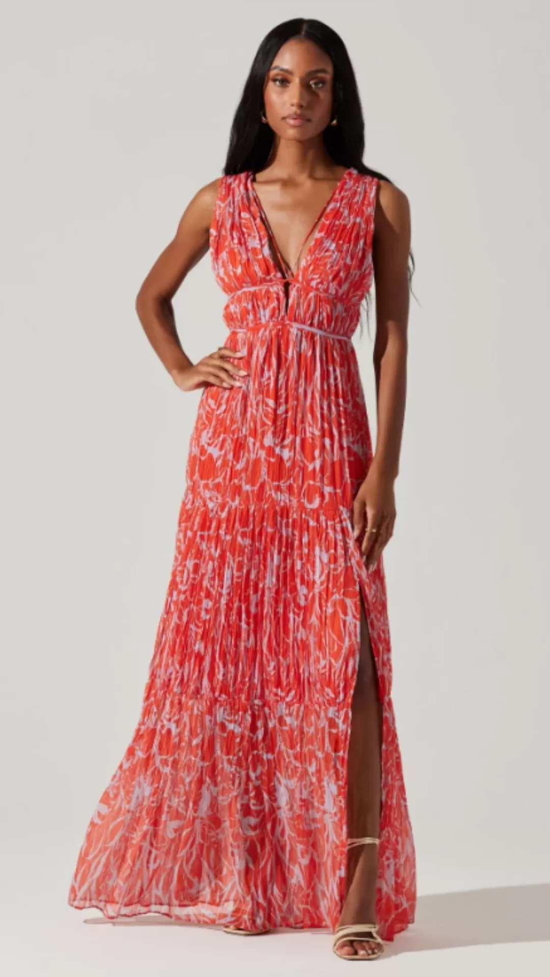 Pescadero Pleated Maxi Dress - Red Orange Abstract