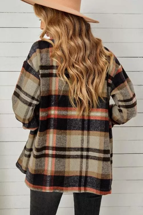 Plaid Long-sleeve Shirt Khaki with Pockets