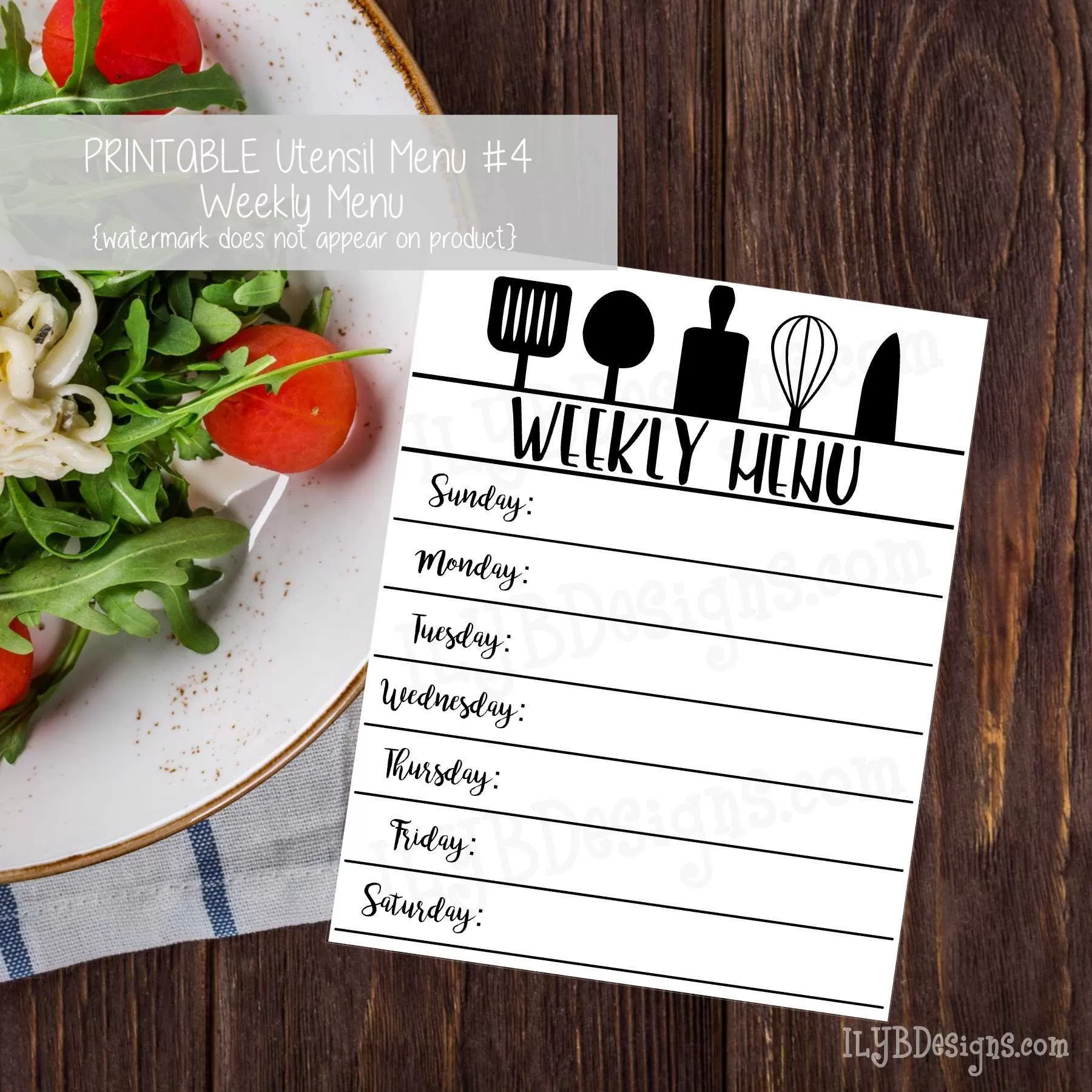 PRINTABLE Utensil Menu #4 - Weekly Menu