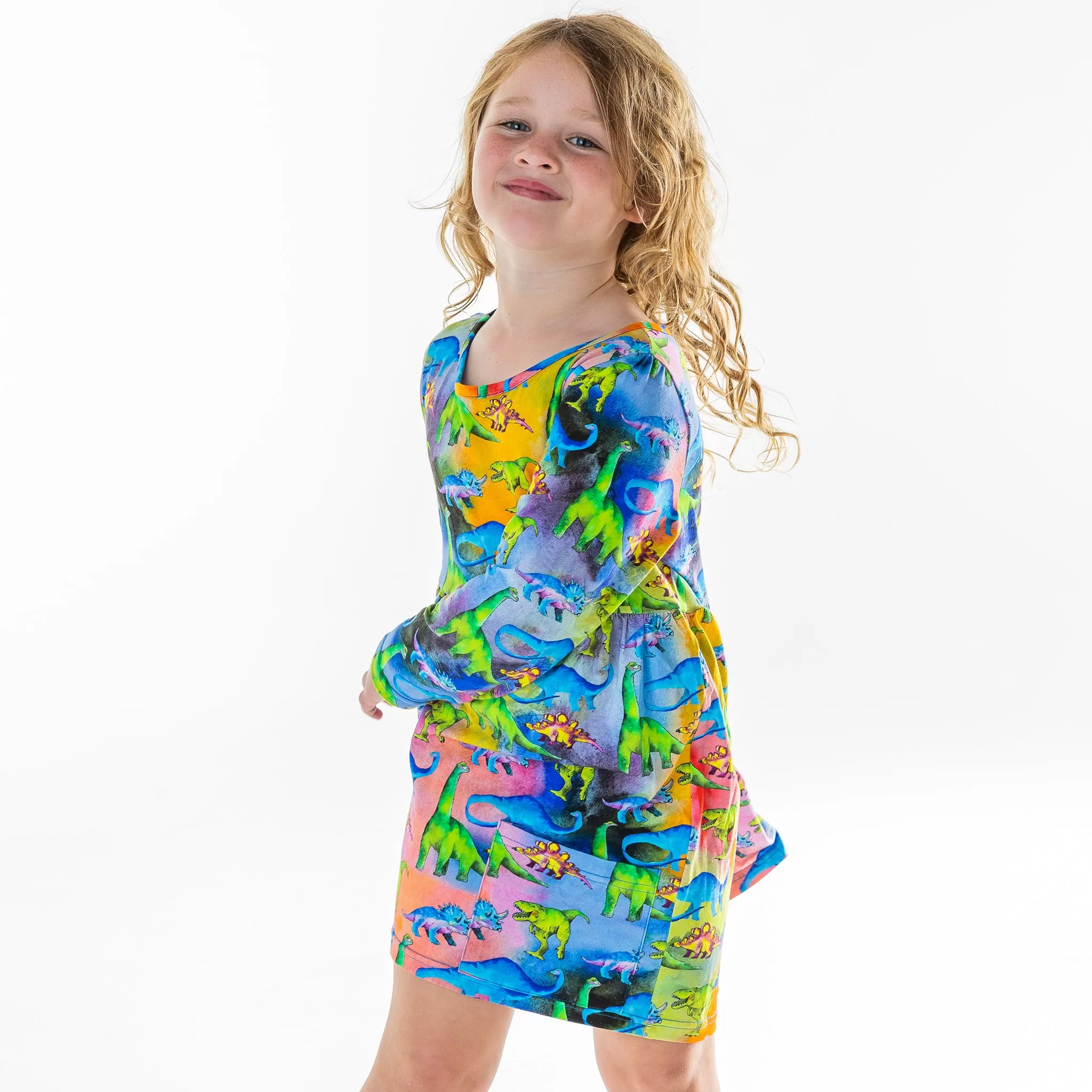 Rainbow-saurus Long Sleeve Pocket Dress