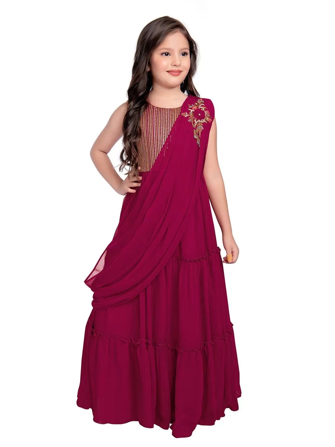 Rani Coloured Embroidered Georgette Saree Style Dupatta Gown For Girls