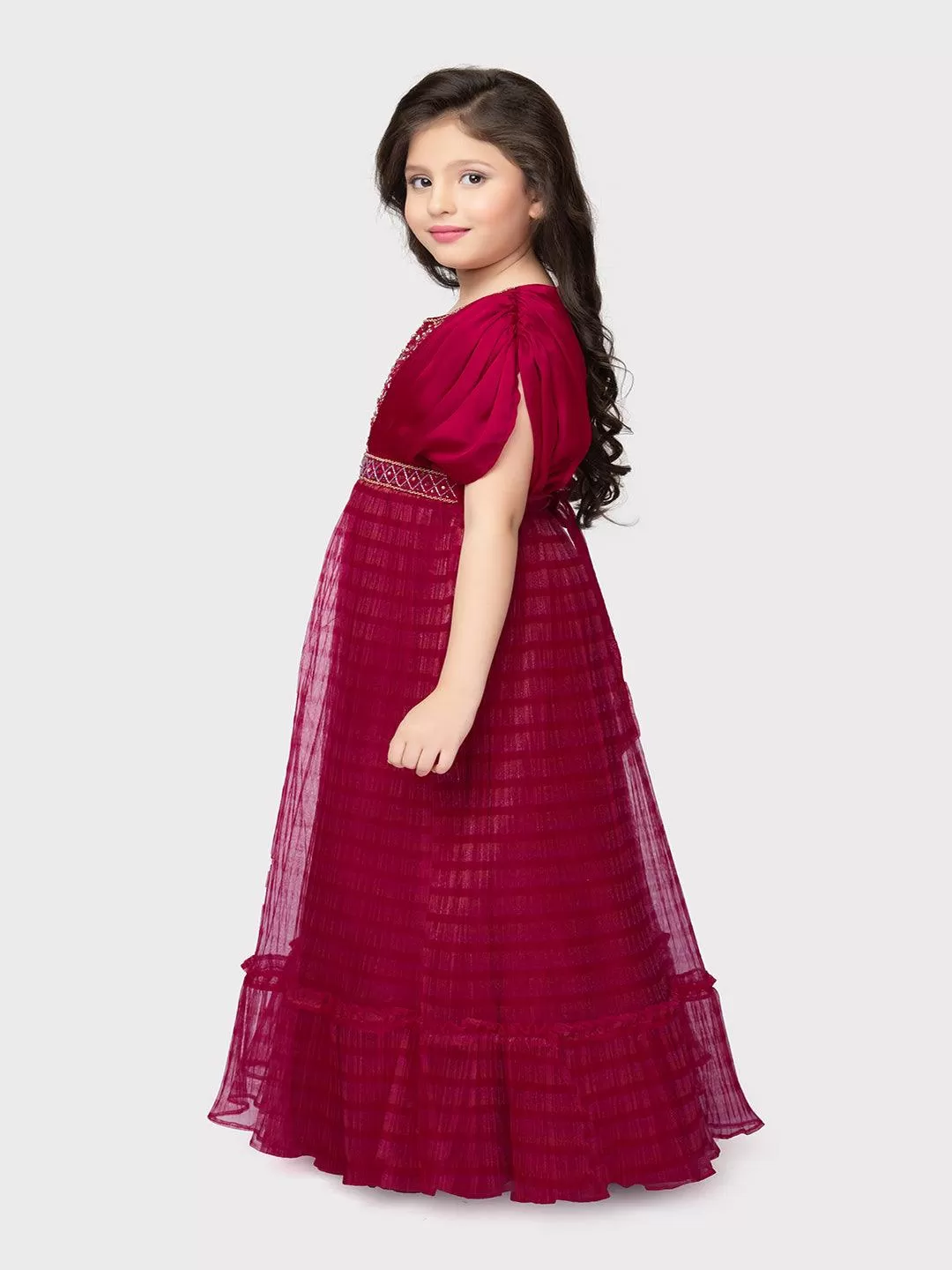 Rani Embellished Georgette Fabric for Party Occasions. Round Neck, Short Puff Sleeves, Trendy Butterfly Style Gown For Girls