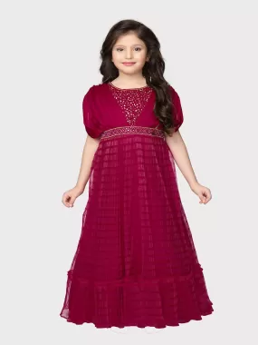 Rani Embellished Georgette Fabric for Party Occasions. Round Neck, Short Puff Sleeves, Trendy Butterfly Style Gown For Girls