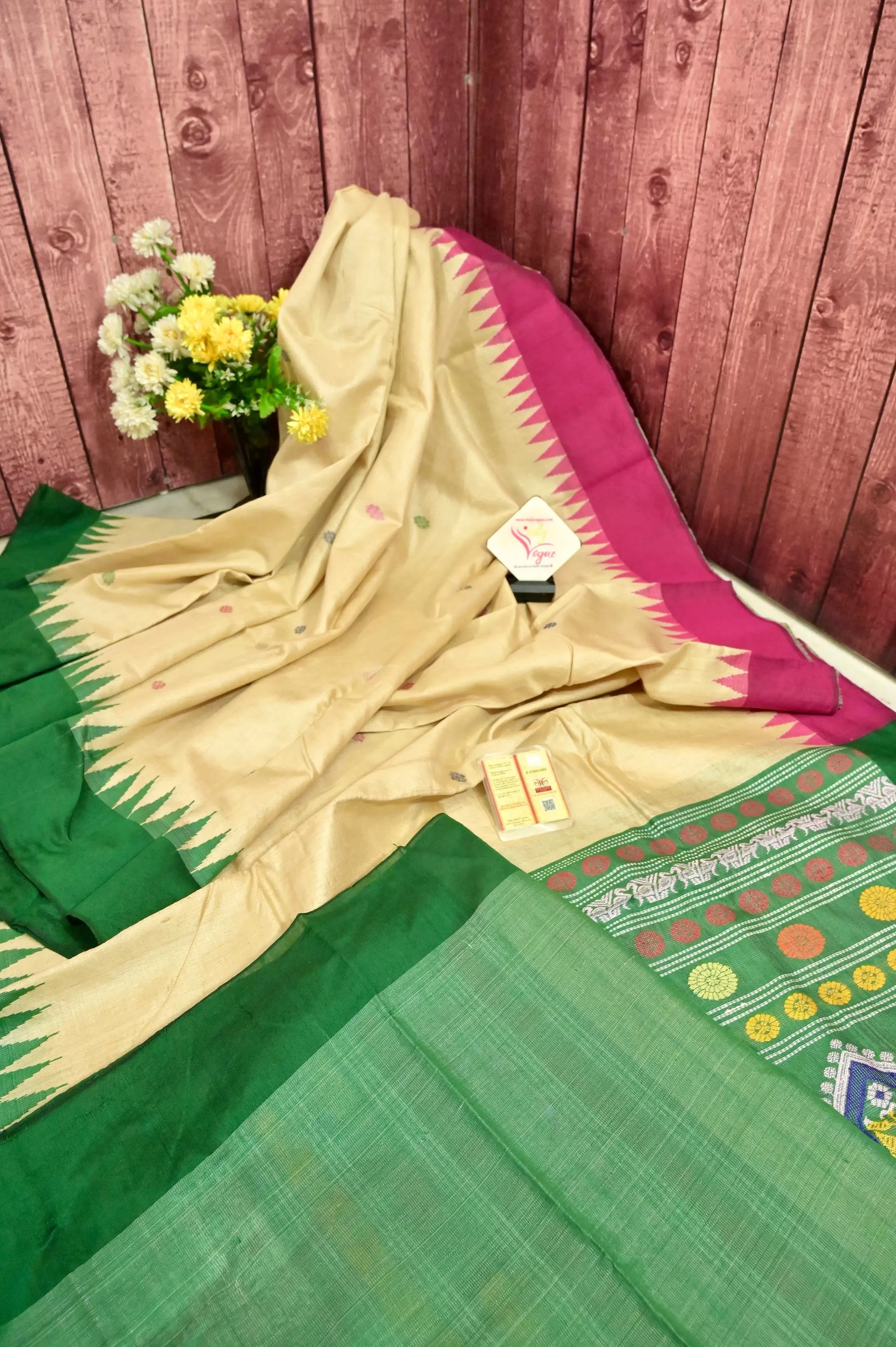 Sandal Color Ghicha Tussar Silk Saree with Dolabedi Pallu with Ganga Jamuna Border