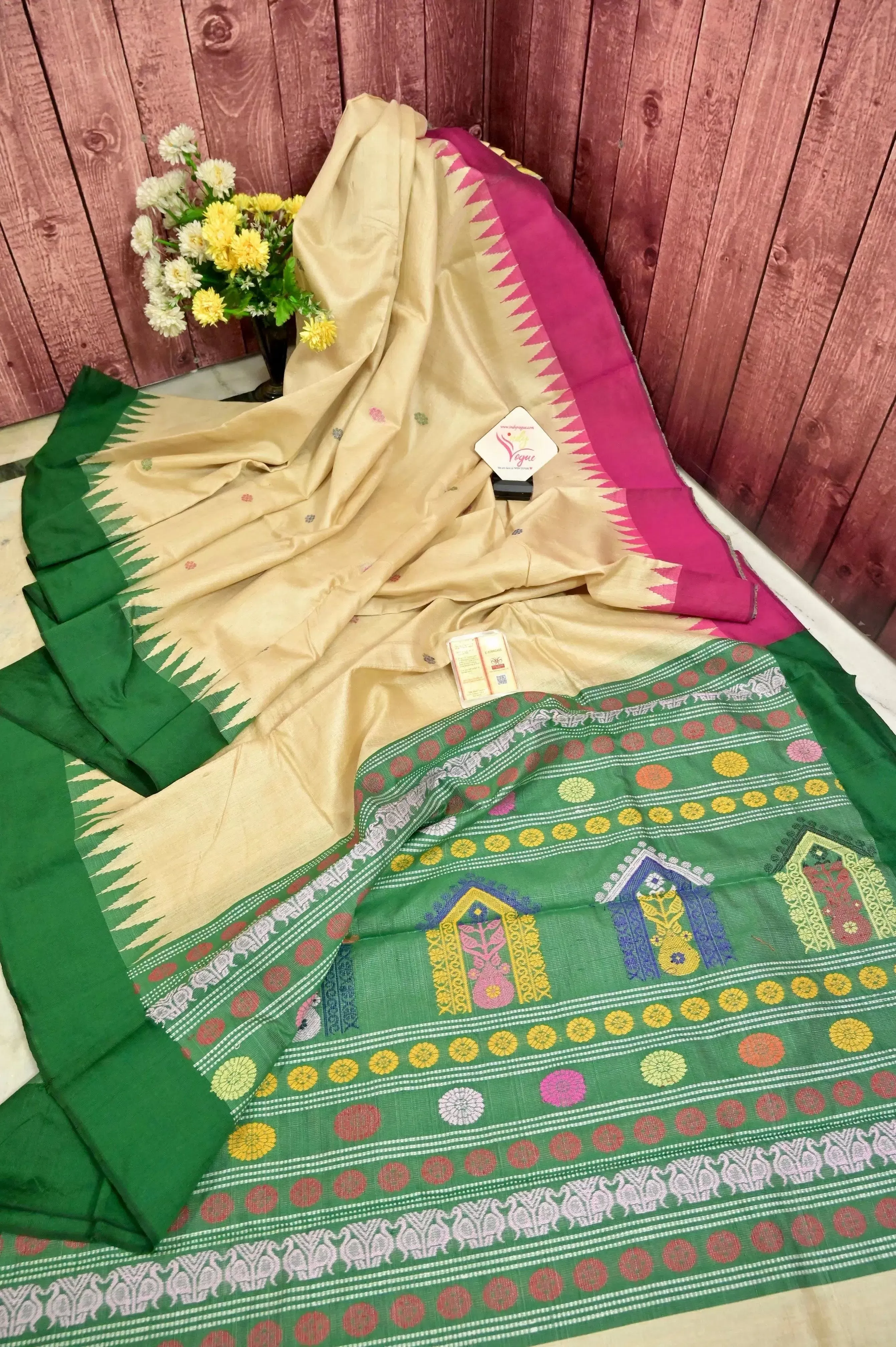 Sandal Color Ghicha Tussar Silk Saree with Dolabedi Pallu with Ganga Jamuna Border