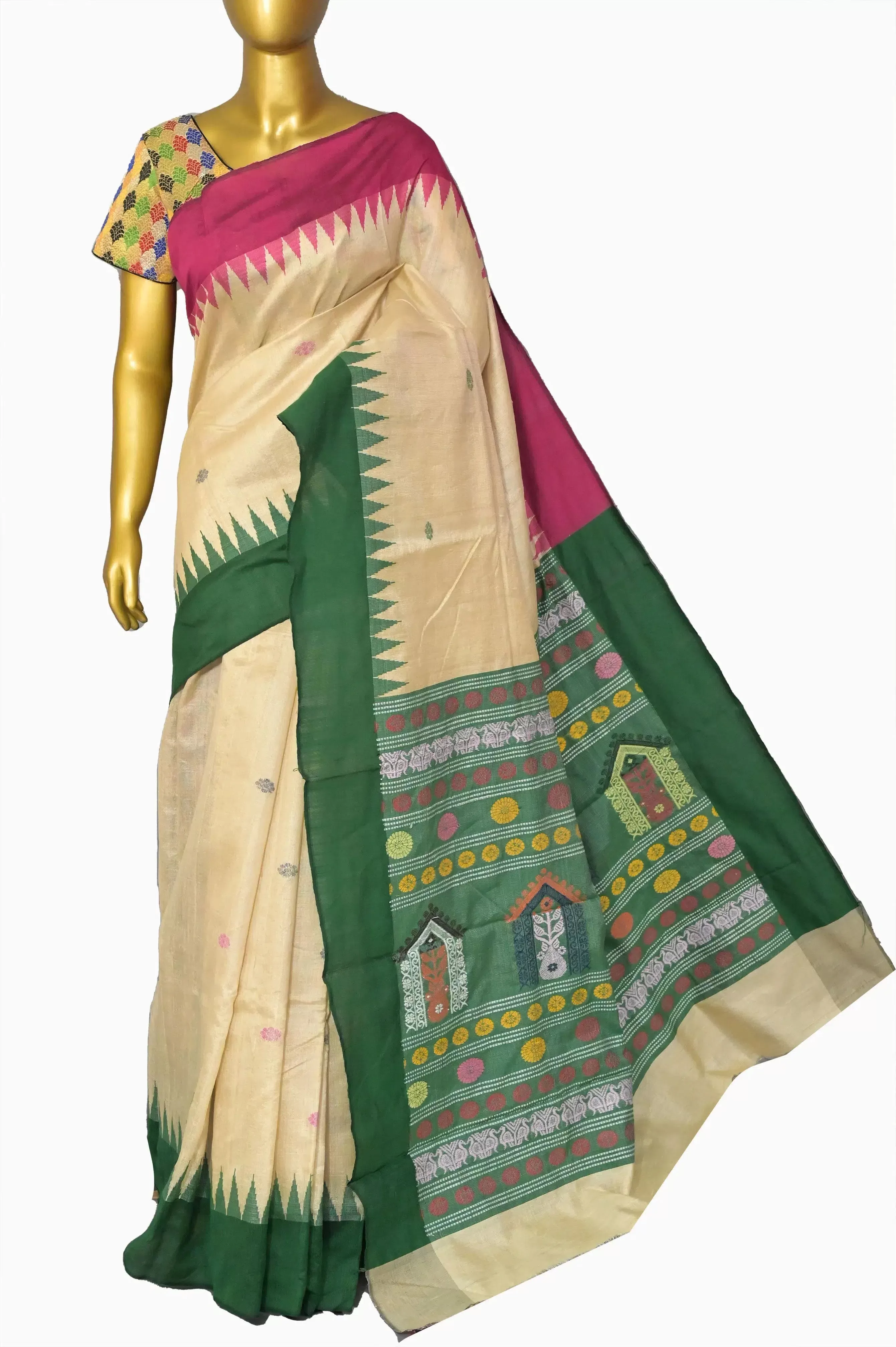 Sandal Color Ghicha Tussar Silk Saree with Dolabedi Pallu with Ganga Jamuna Border