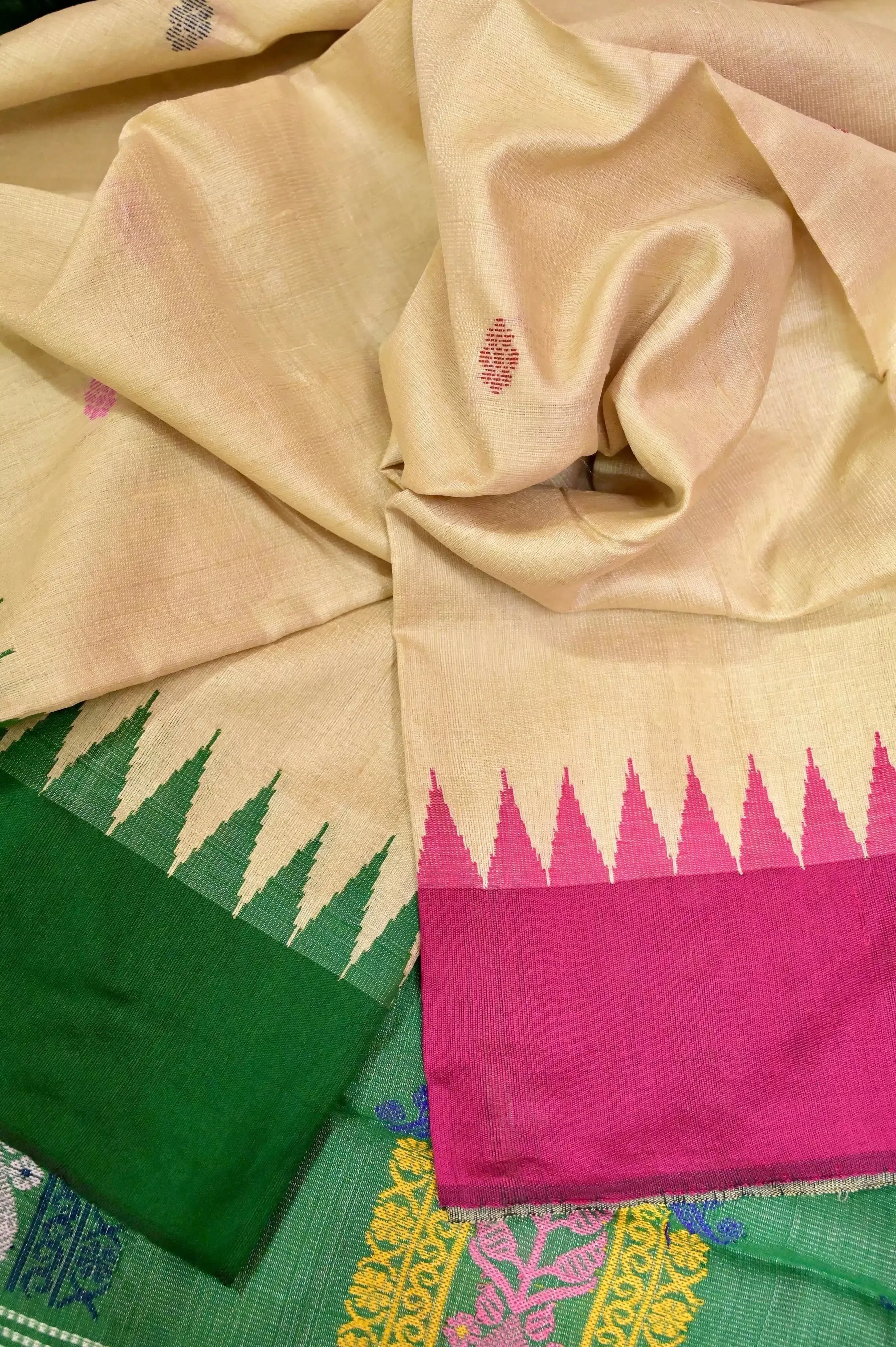 Sandal Color Ghicha Tussar Silk Saree with Dolabedi Pallu with Ganga Jamuna Border