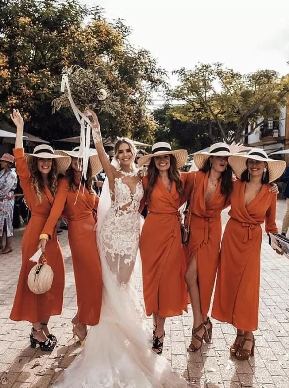 Shift V-Neck Floor Length Orange Chiffon Bridesmaid Dress