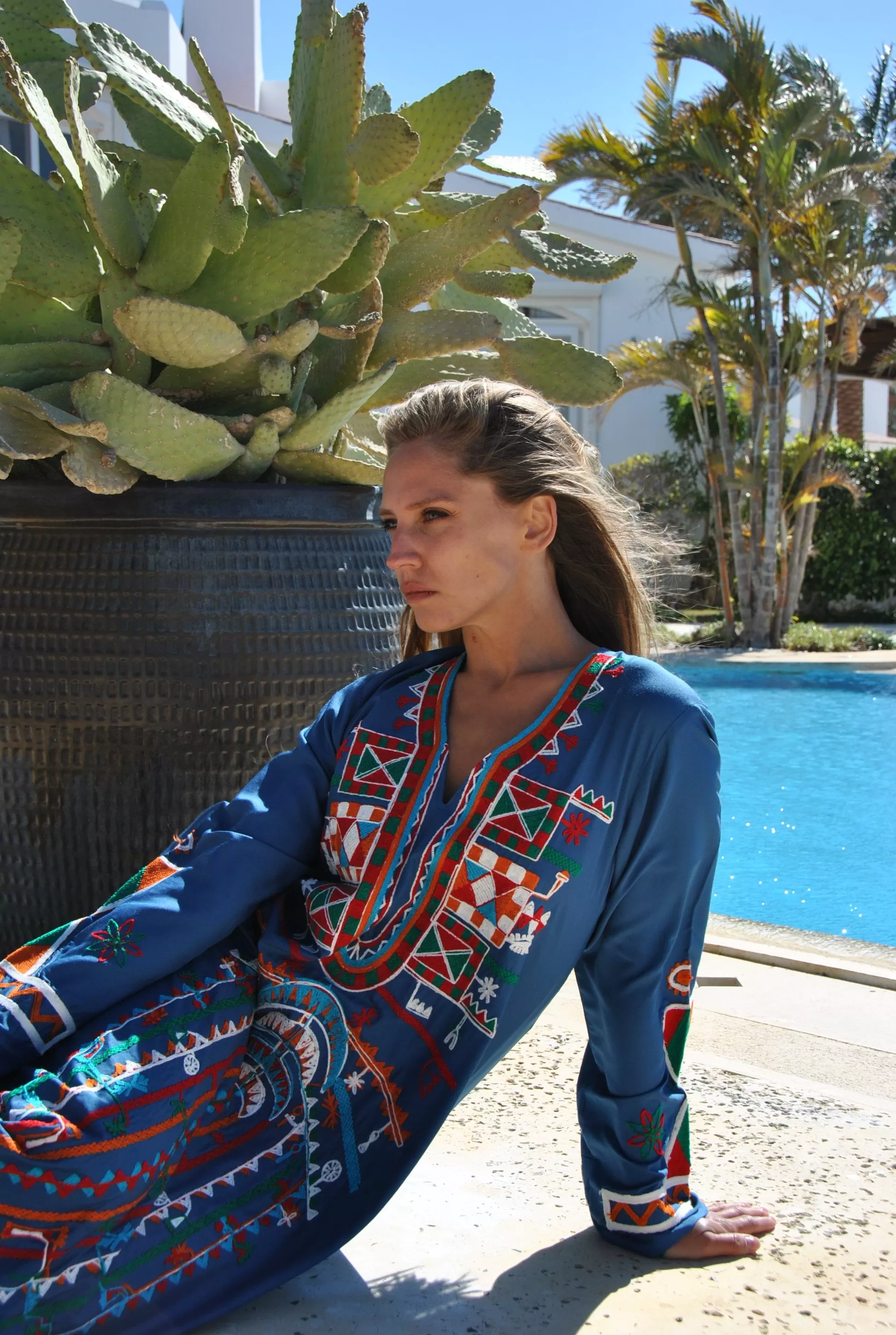 Siwa Blue embroidered cotton Caftan with pocket, embroidered caftan dress, Caftan dress, Caftan maxi dress, Caftans for women, Caftans