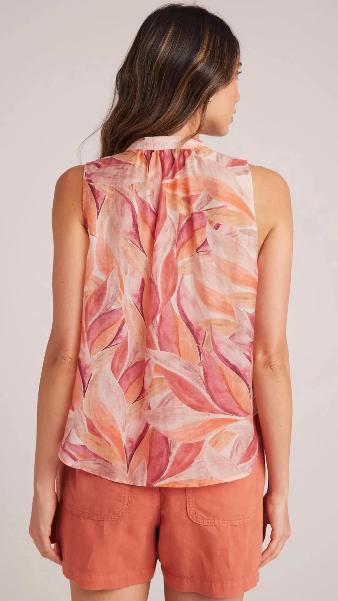 Sleeveless Shirred Shoulder Blouse - Painted Leaves