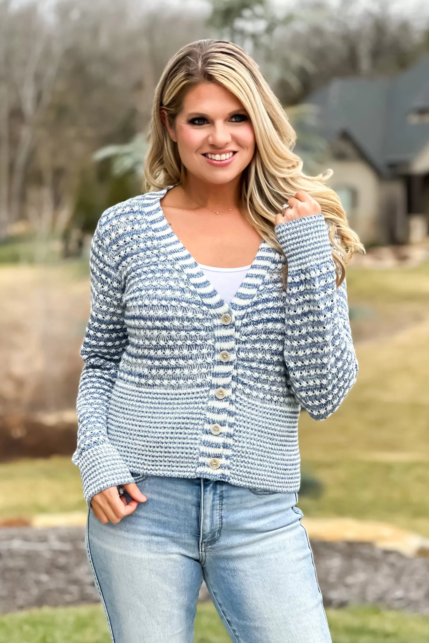 Springtime Breezy Striped Cardigan : IVORY/BLUE