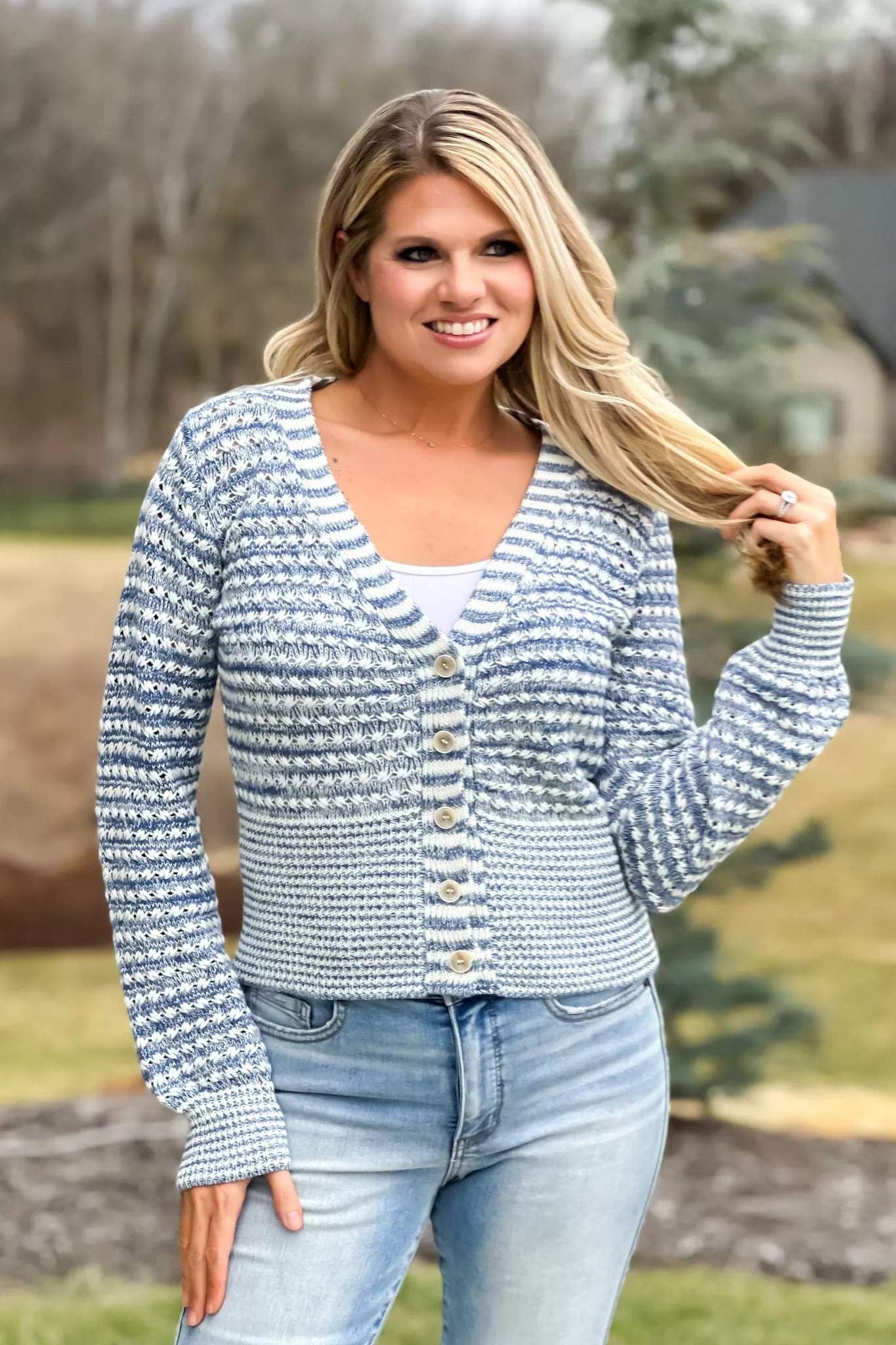 Springtime Breezy Striped Cardigan : IVORY/BLUE