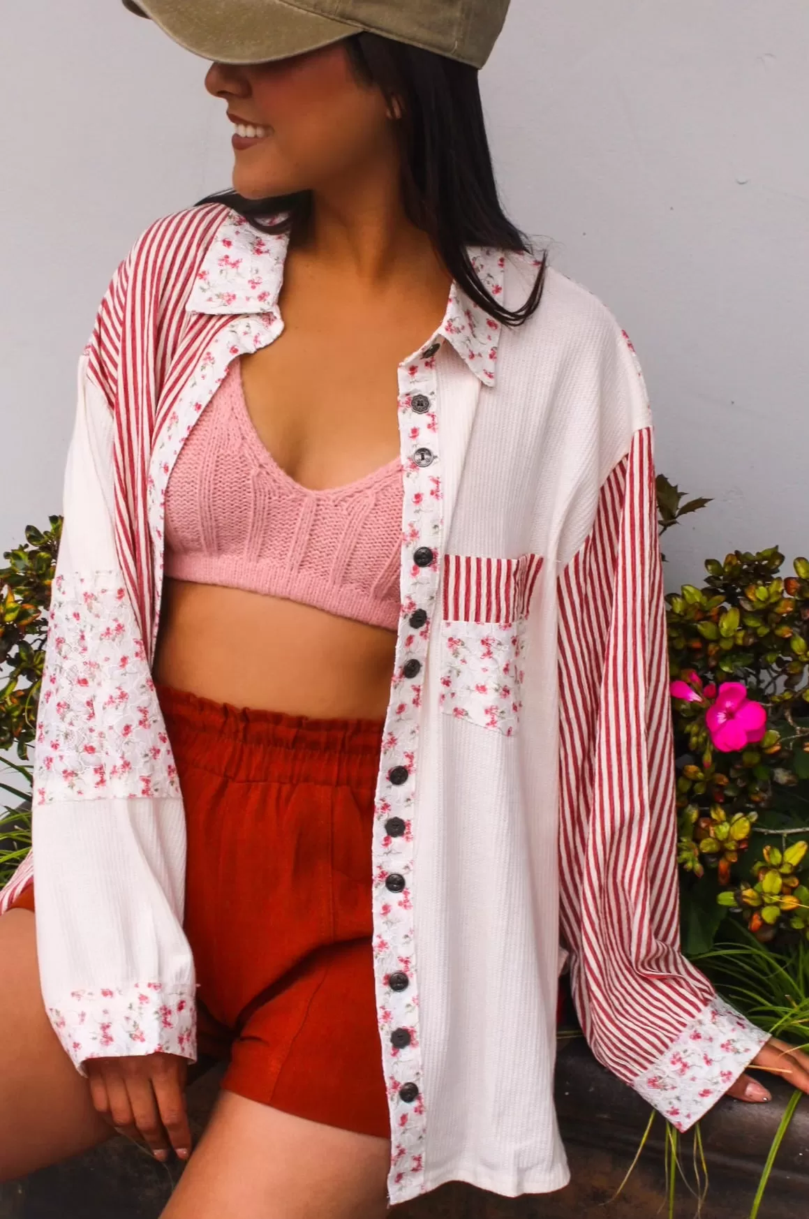 Strawberry Shortcake Waffle Knit   Striped Contrast Button Up- Cream/Cherry