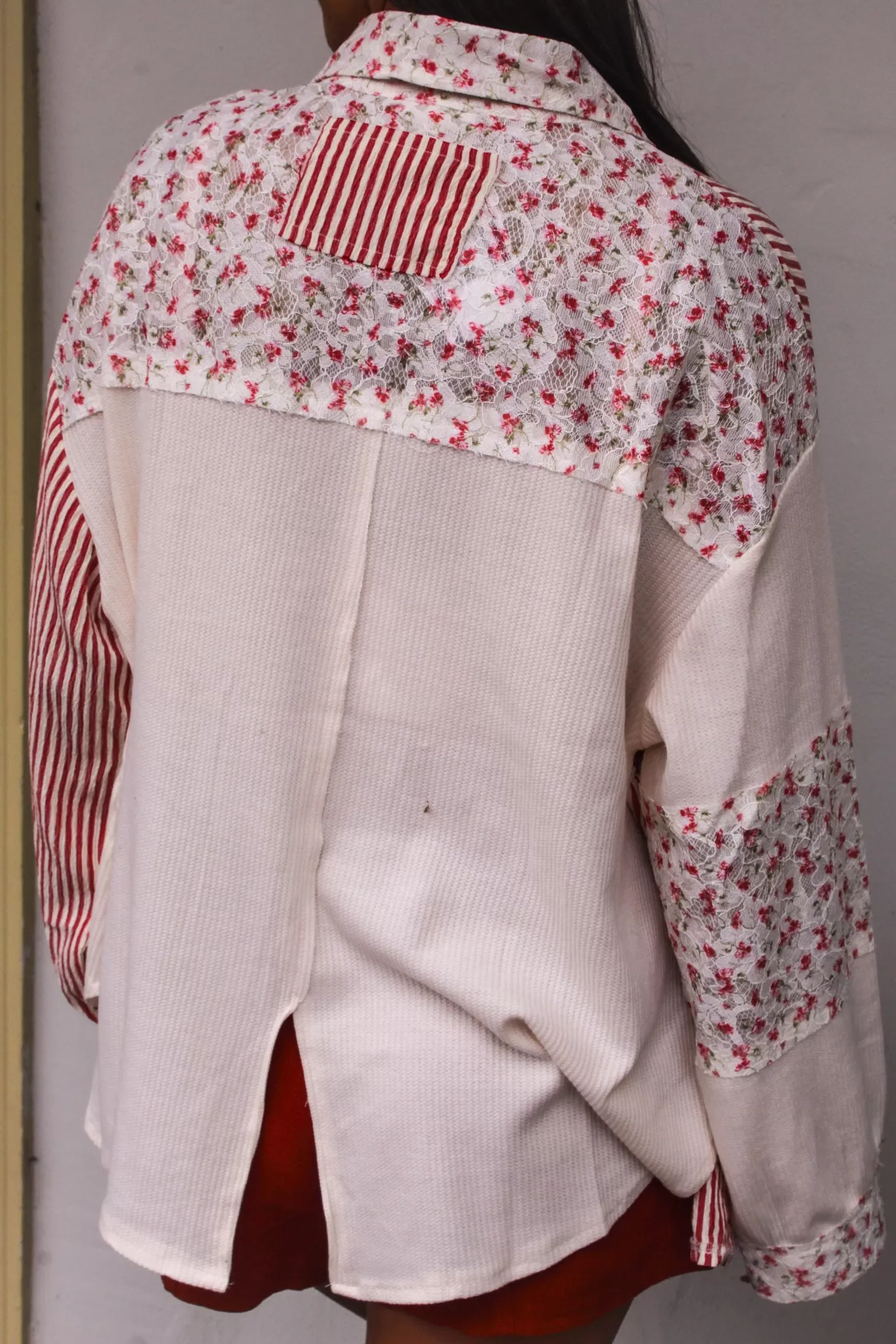 Strawberry Shortcake Waffle Knit   Striped Contrast Button Up- Cream/Cherry