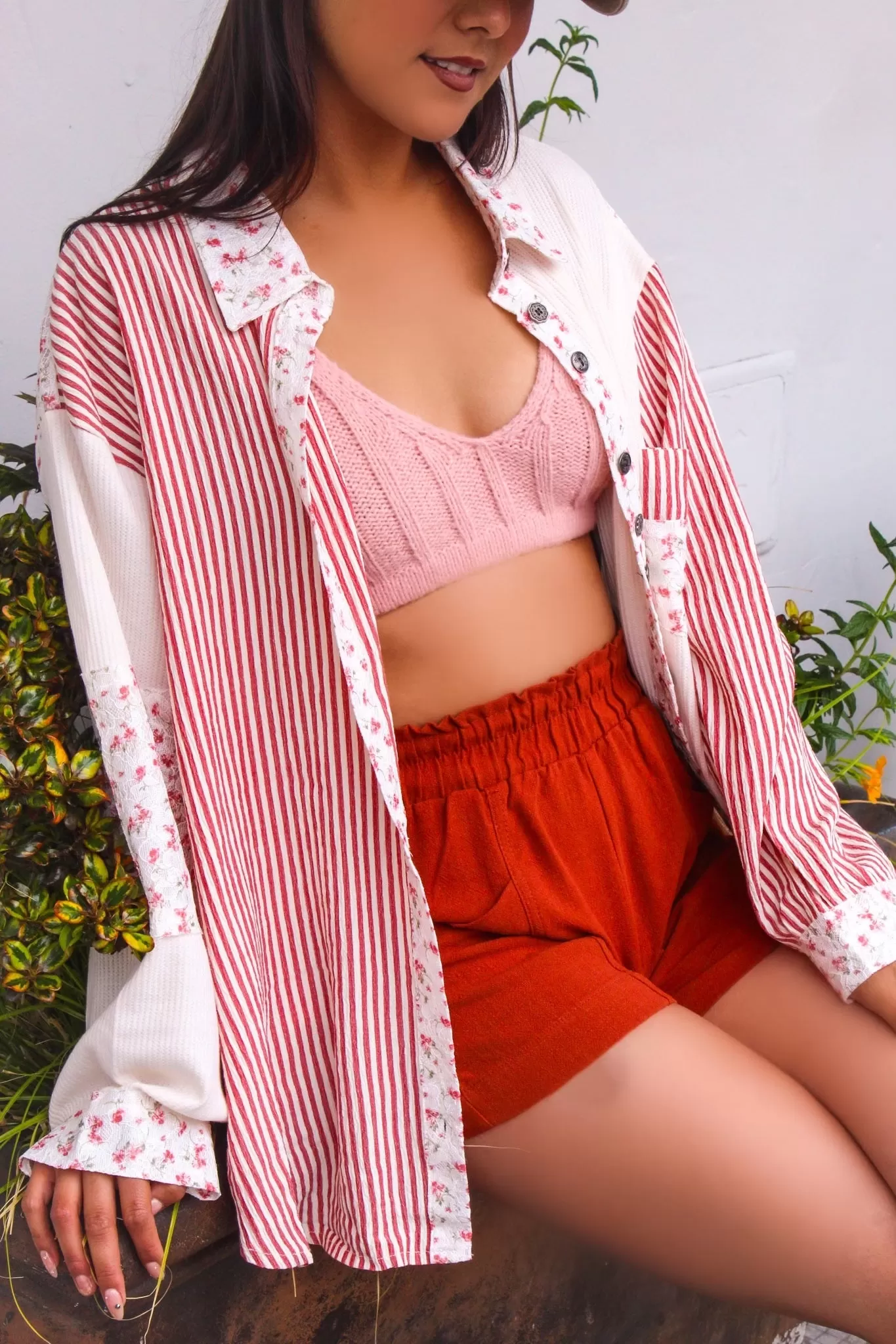 Strawberry Shortcake Waffle Knit   Striped Contrast Button Up- Cream/Cherry