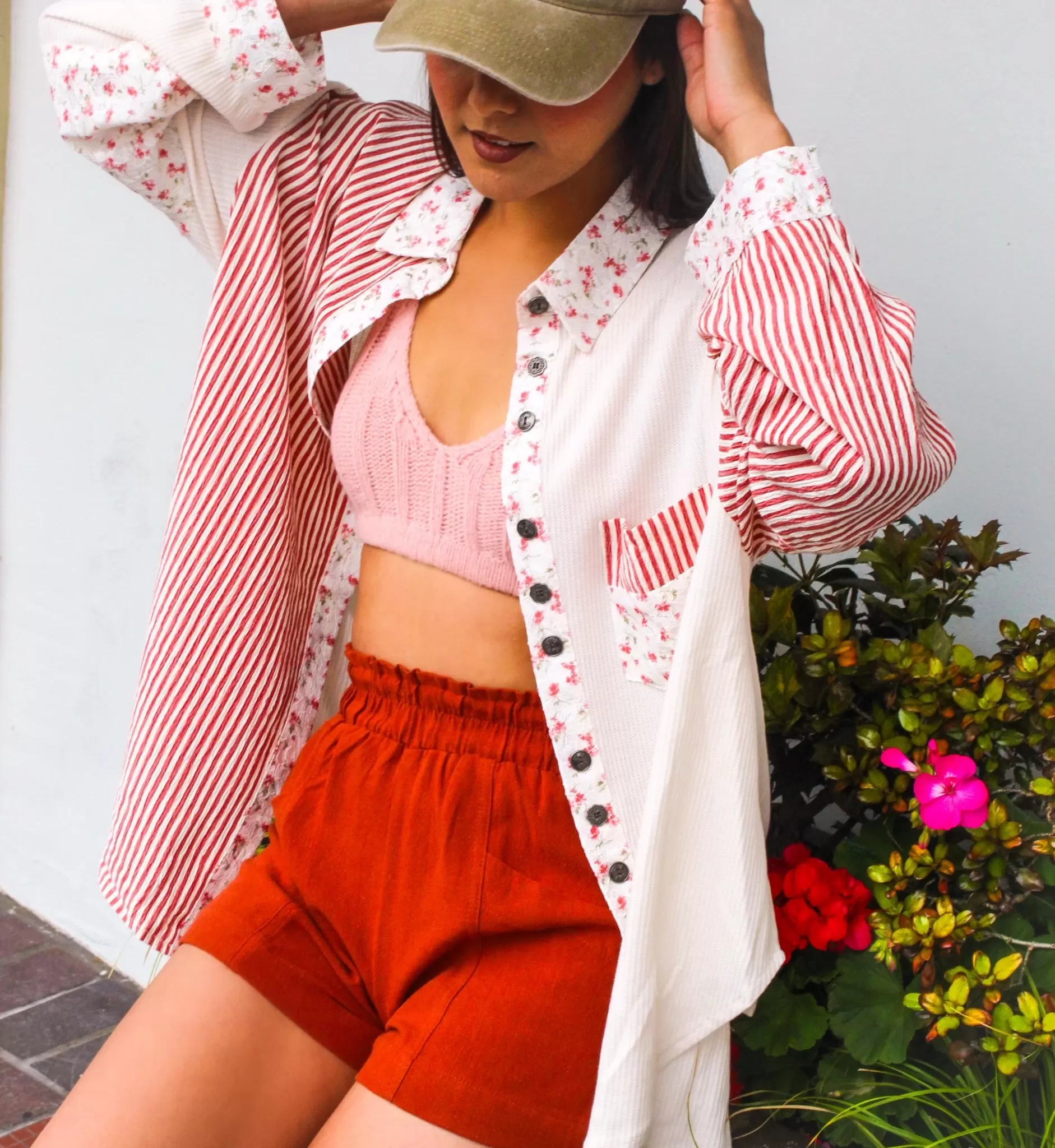 Strawberry Shortcake Waffle Knit   Striped Contrast Button Up- Cream/Cherry