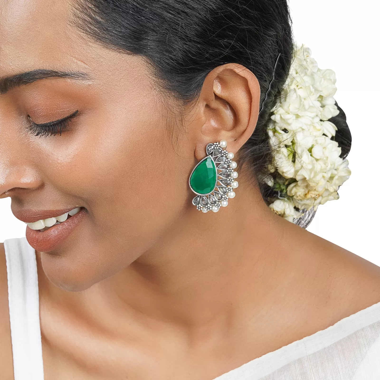 Teejh Mahir Dark Green Silver Oxidised Earrings