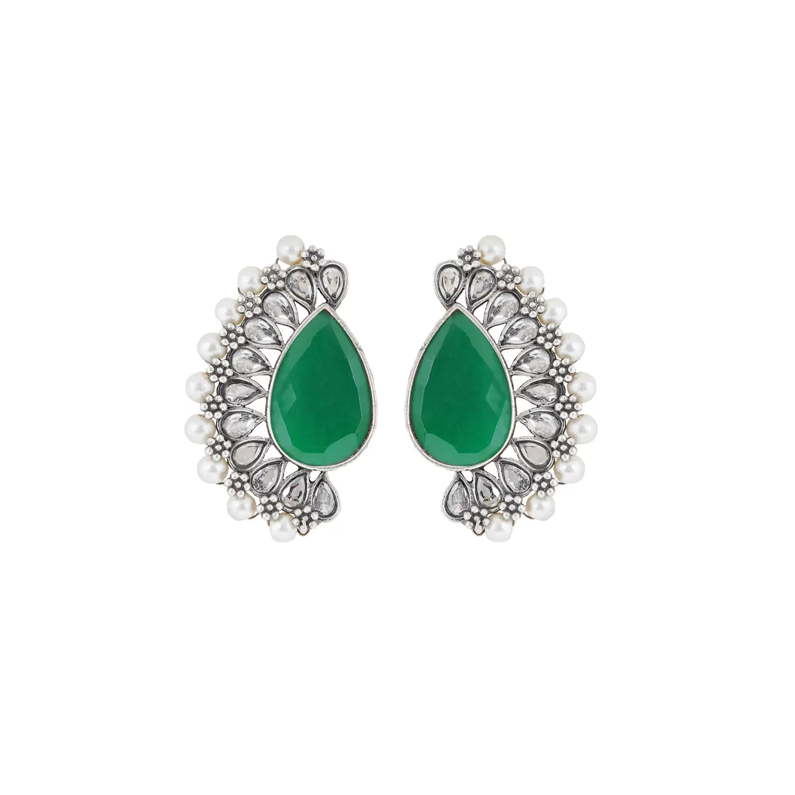 Teejh Mahir Dark Green Silver Oxidised Earrings