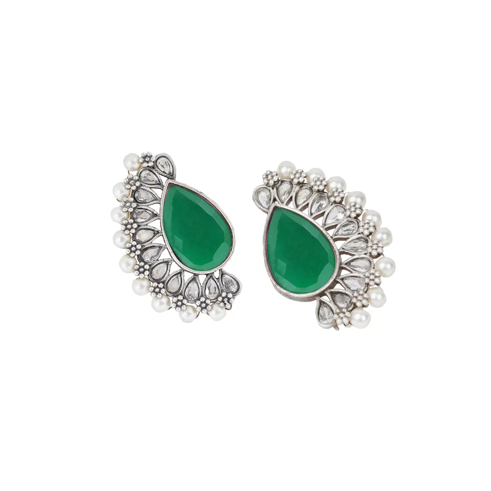 Teejh Mahir Dark Green Silver Oxidised Earrings