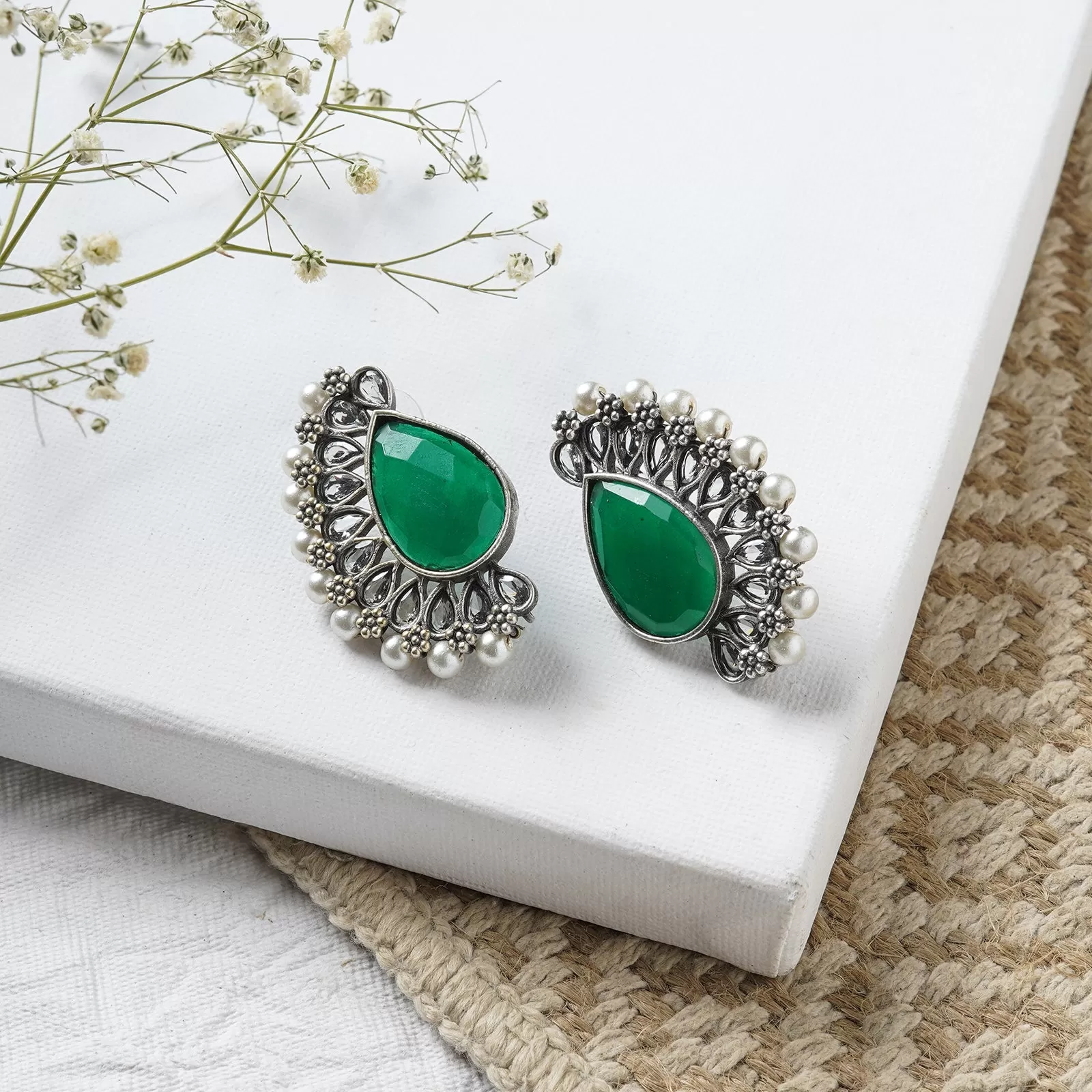 Teejh Mahir Dark Green Silver Oxidised Earrings