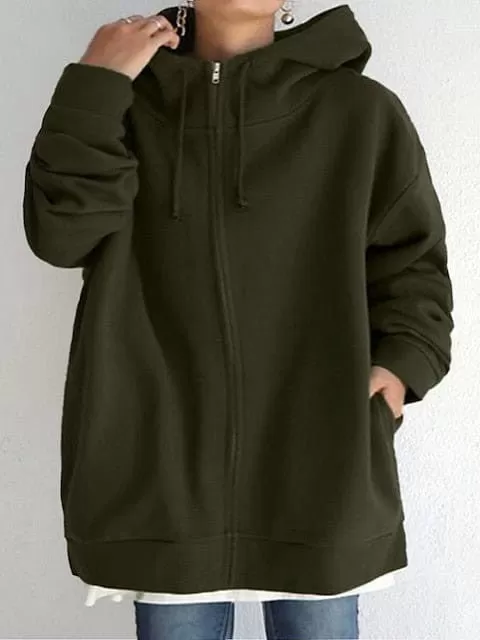 Versatile Women's Hooded Jacket with Zipper Closure and Long Sleeves