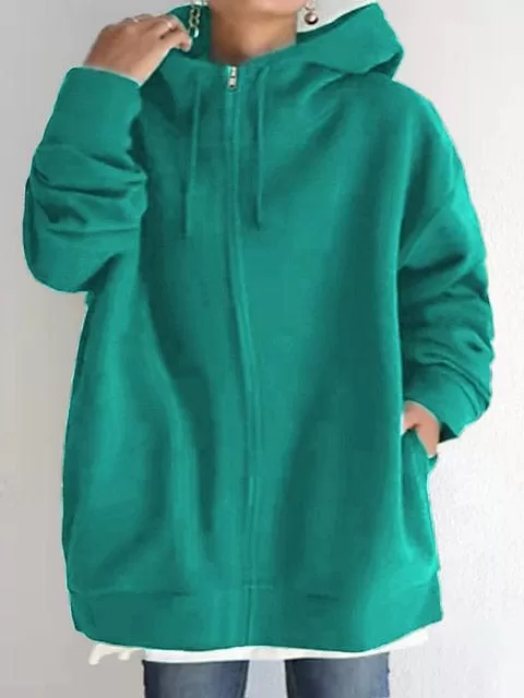 Versatile Women's Hooded Jacket with Zipper Closure and Long Sleeves