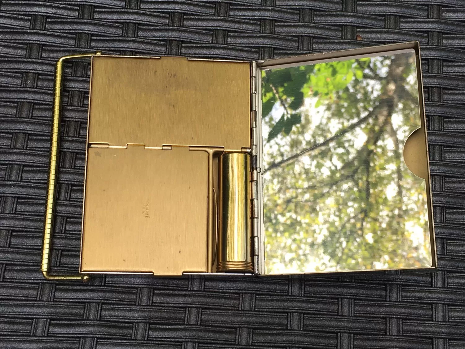 Vintage Compact Purse / Clutch by Volupte with Gold and Silver Tone Diamond Pattern. Built in Compact, Lipstick, Mirror and Storage. 1950s