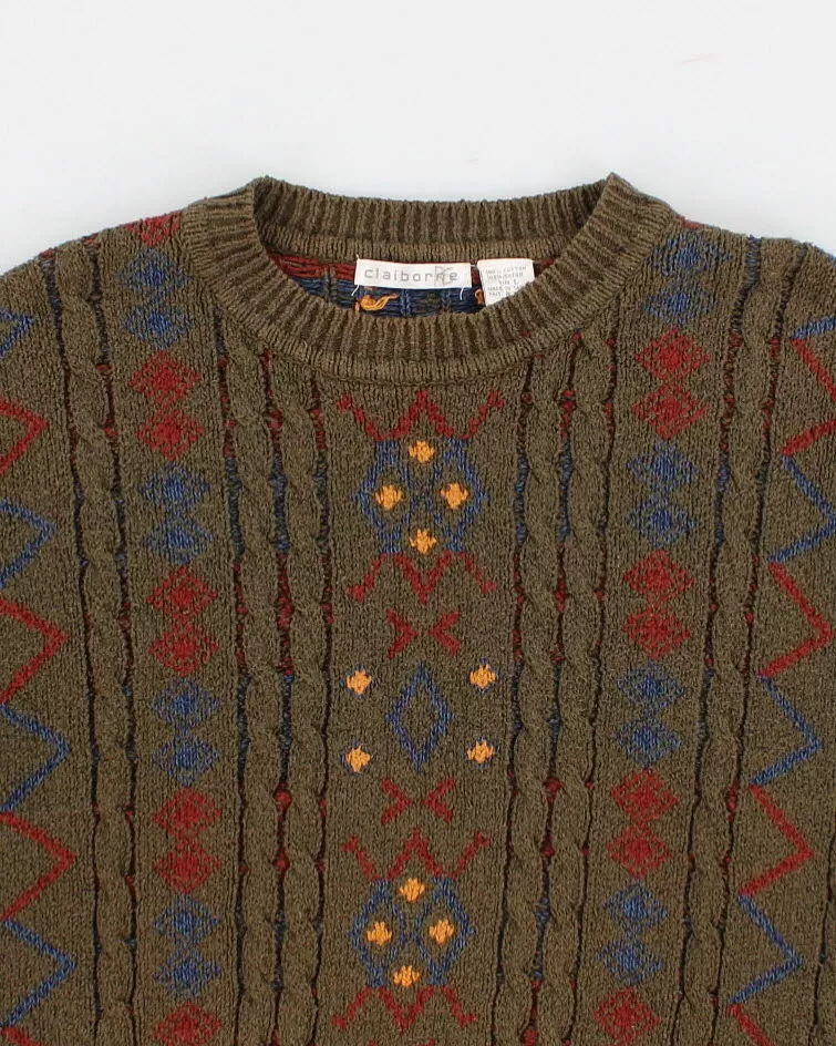 Vintage men's green pattern knit jumper - L