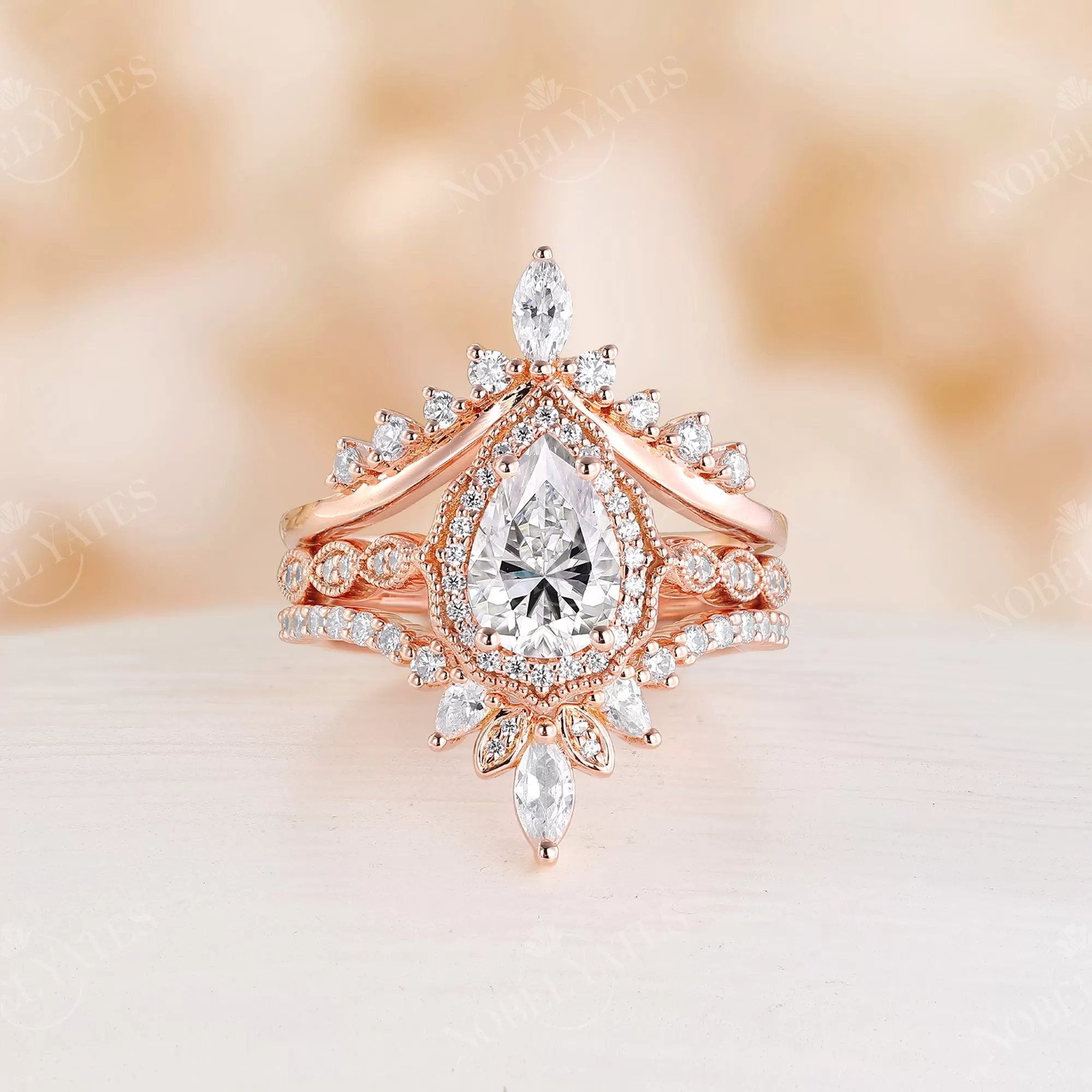 Vintage Pear Moissanite Rose Gold Halo & Milgrain Engagement Ring Set