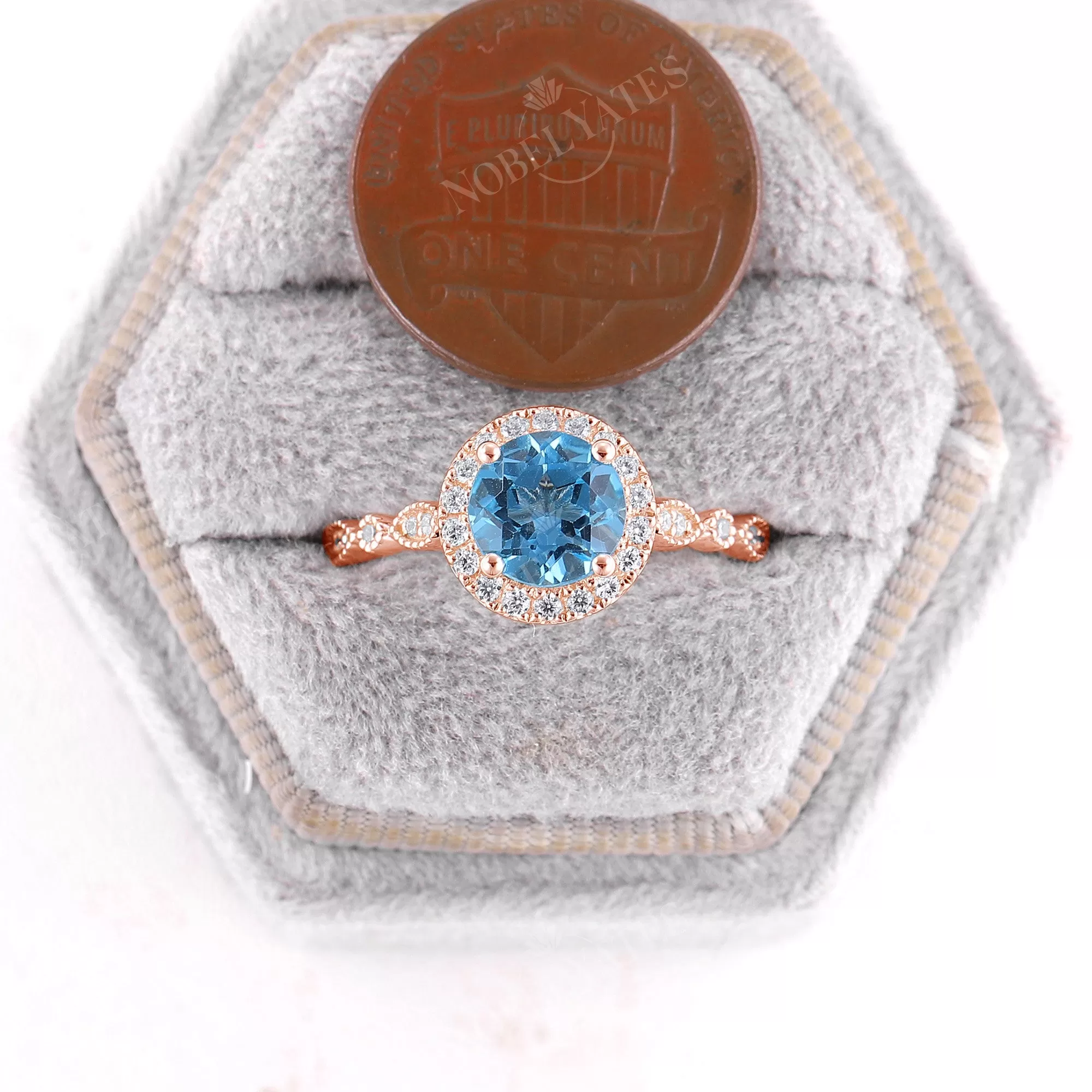 Vintage Swiss Blue Topaz Round Halo Engagement Ring Side Stone Rose Gold