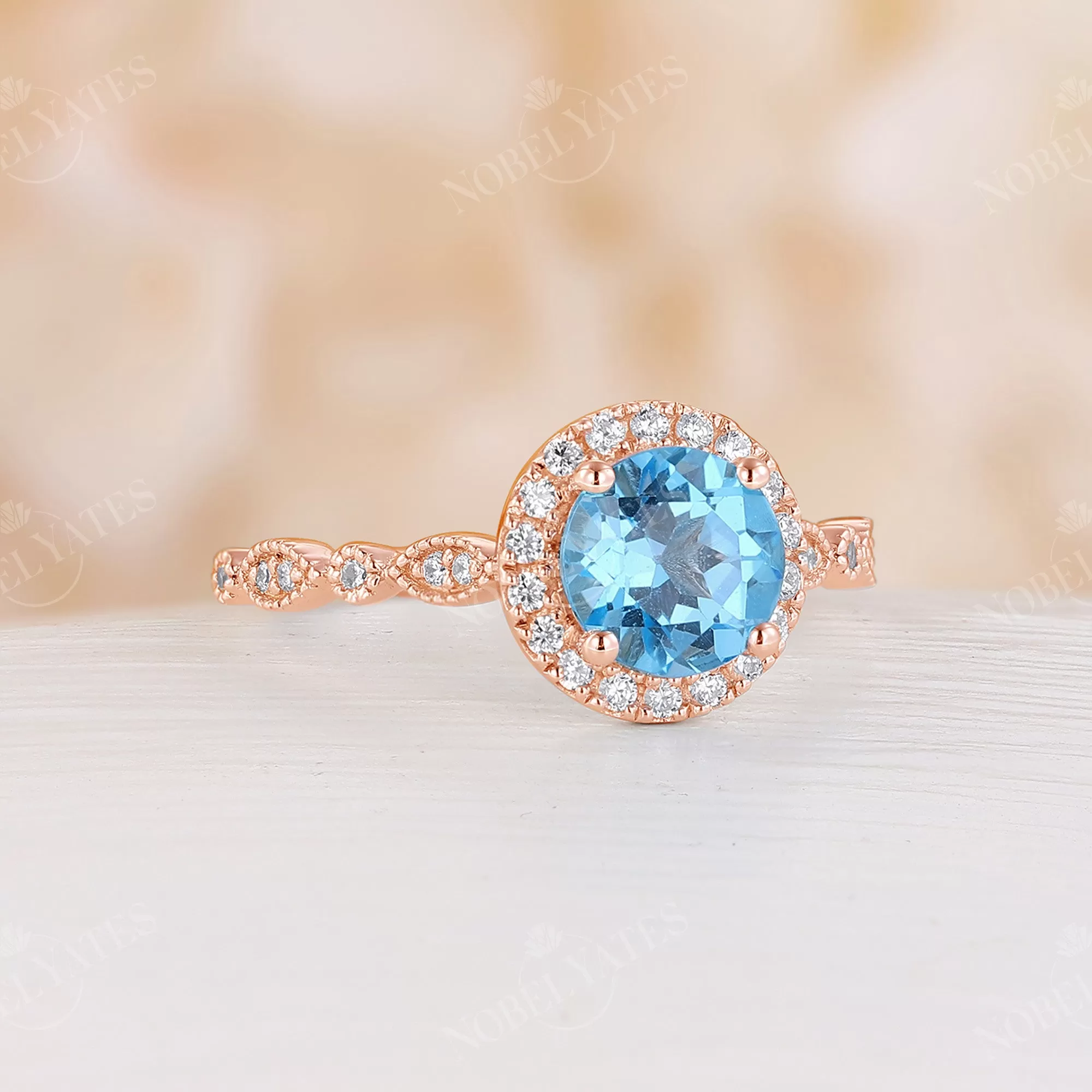 Vintage Swiss Blue Topaz Round Halo Engagement Ring Side Stone Rose Gold