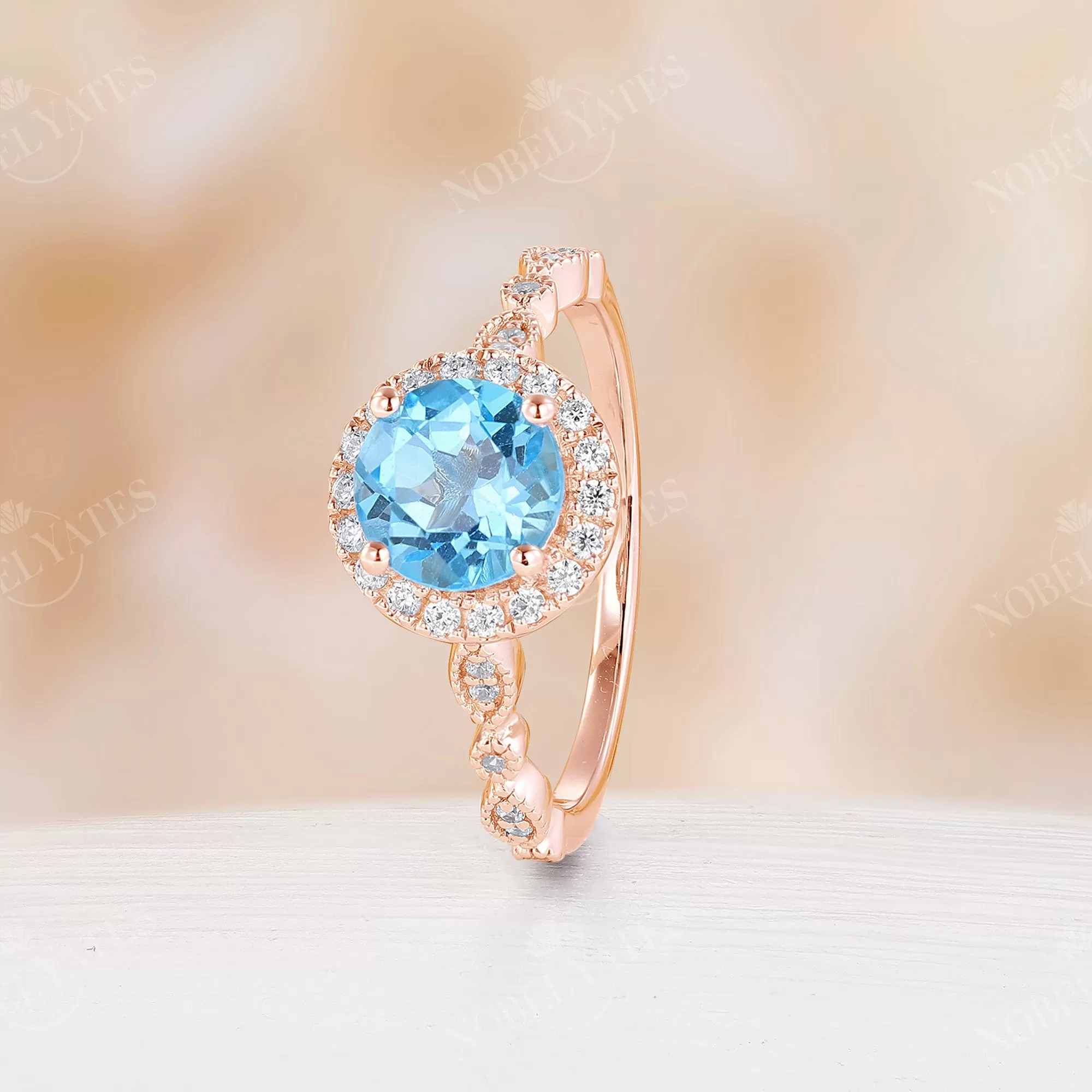 Vintage Swiss Blue Topaz Round Halo Engagement Ring Side Stone Rose Gold