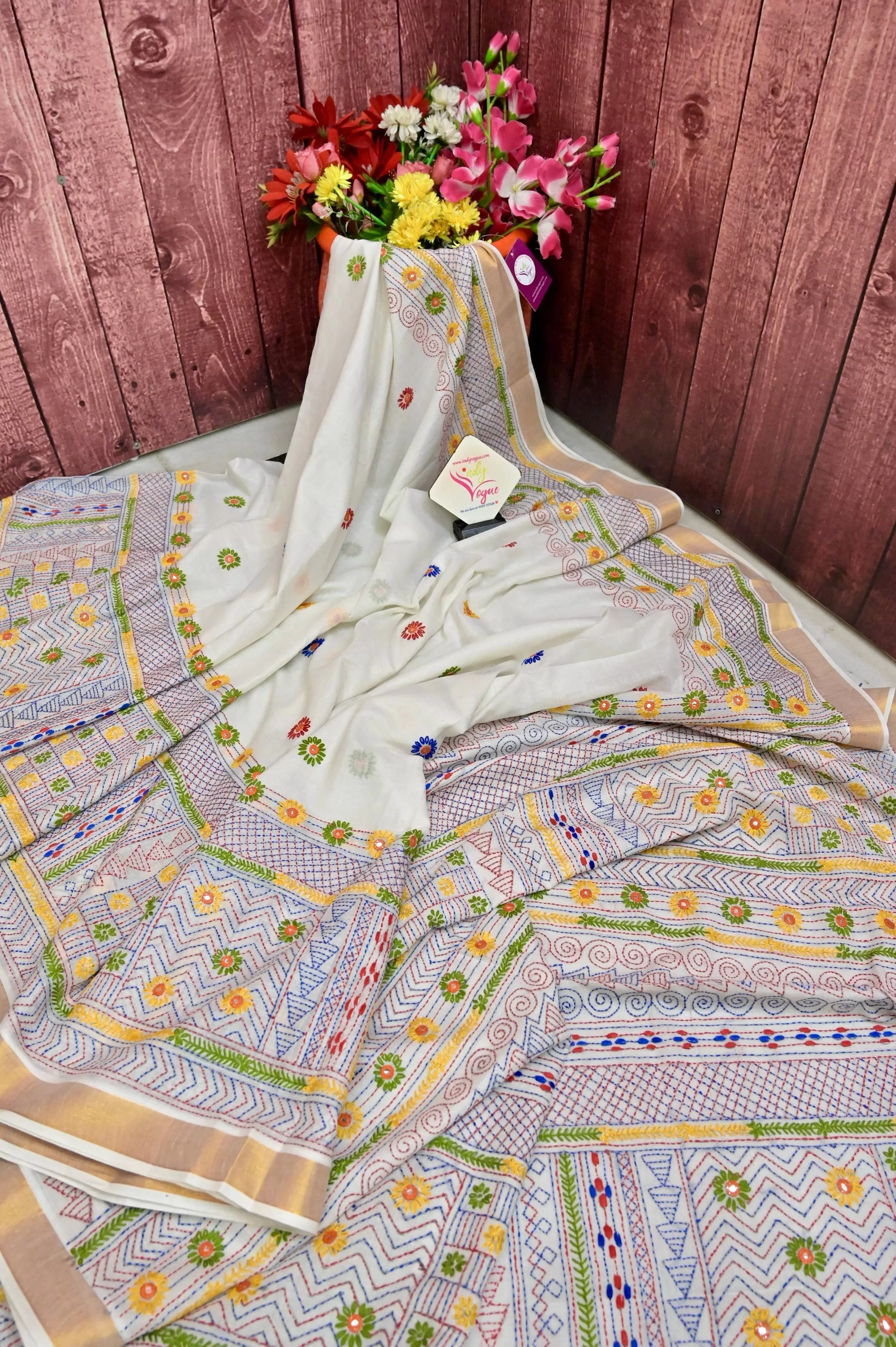 White Color Kerala Cotton Saree with Hand Lambani with Mirror Work