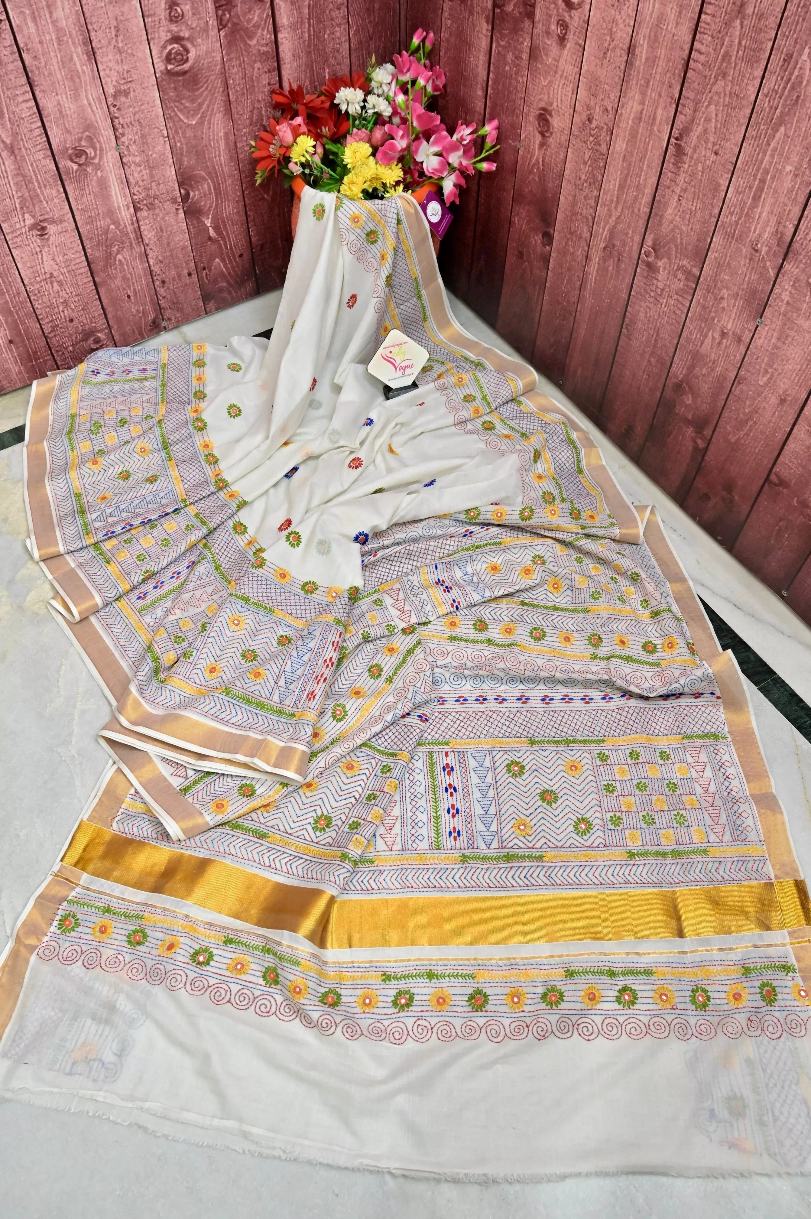 White Color Kerala Cotton Saree with Hand Lambani with Mirror Work